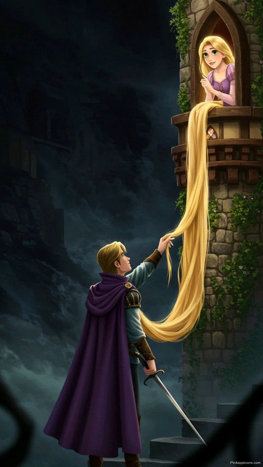Romantic Princess Wallpaper of a Prince With a Sword Visiting Rapunzel in Her Lonely Tower Romantic Princess Wallpaper of a Prince With a Sword Visiting Rapunzel in Her Lonely Tower