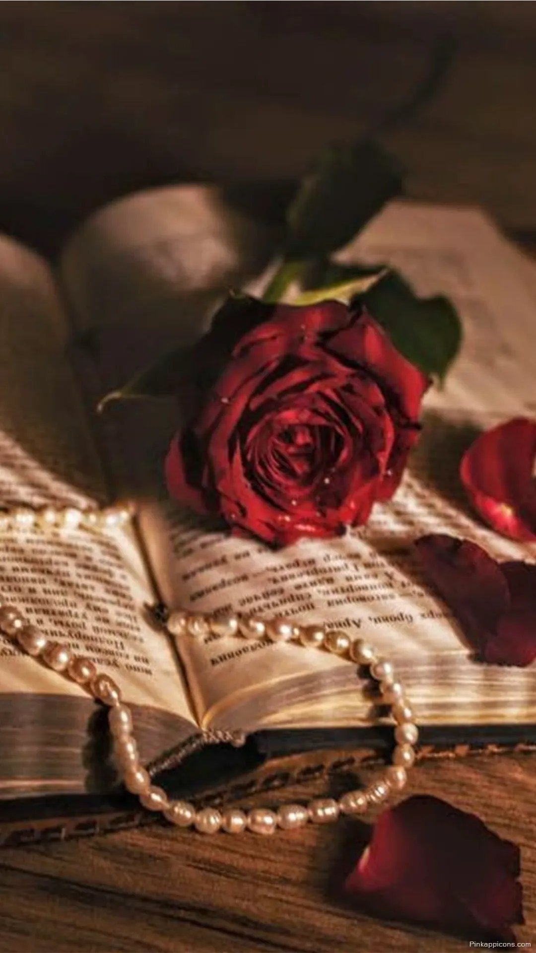 Romantic Red Rose Wallpaper Rose Pearls and a Book for a Vintage Phone Look Romantic Red Rose Wallpaper Rose, Pearls, and a Book for a Vintage Phone Look