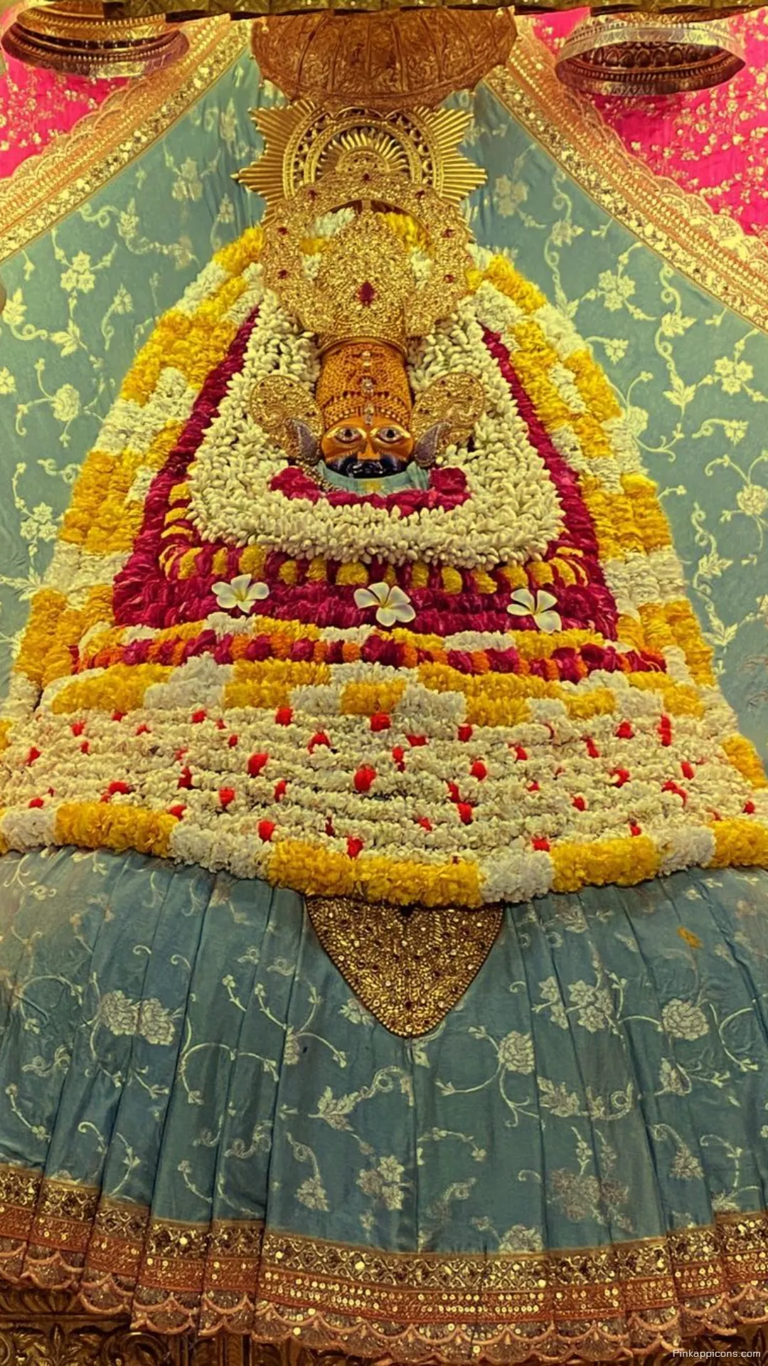 Sacred Elegance Exquisite Flower Adornments and Gold a Beautiful Khatushyam Ji Wallpaper for Mobile Sacred Elegance Exquisite Flower Adornments and Gold, a Beautiful Khatushyam Ji Wallpaper for Mobile