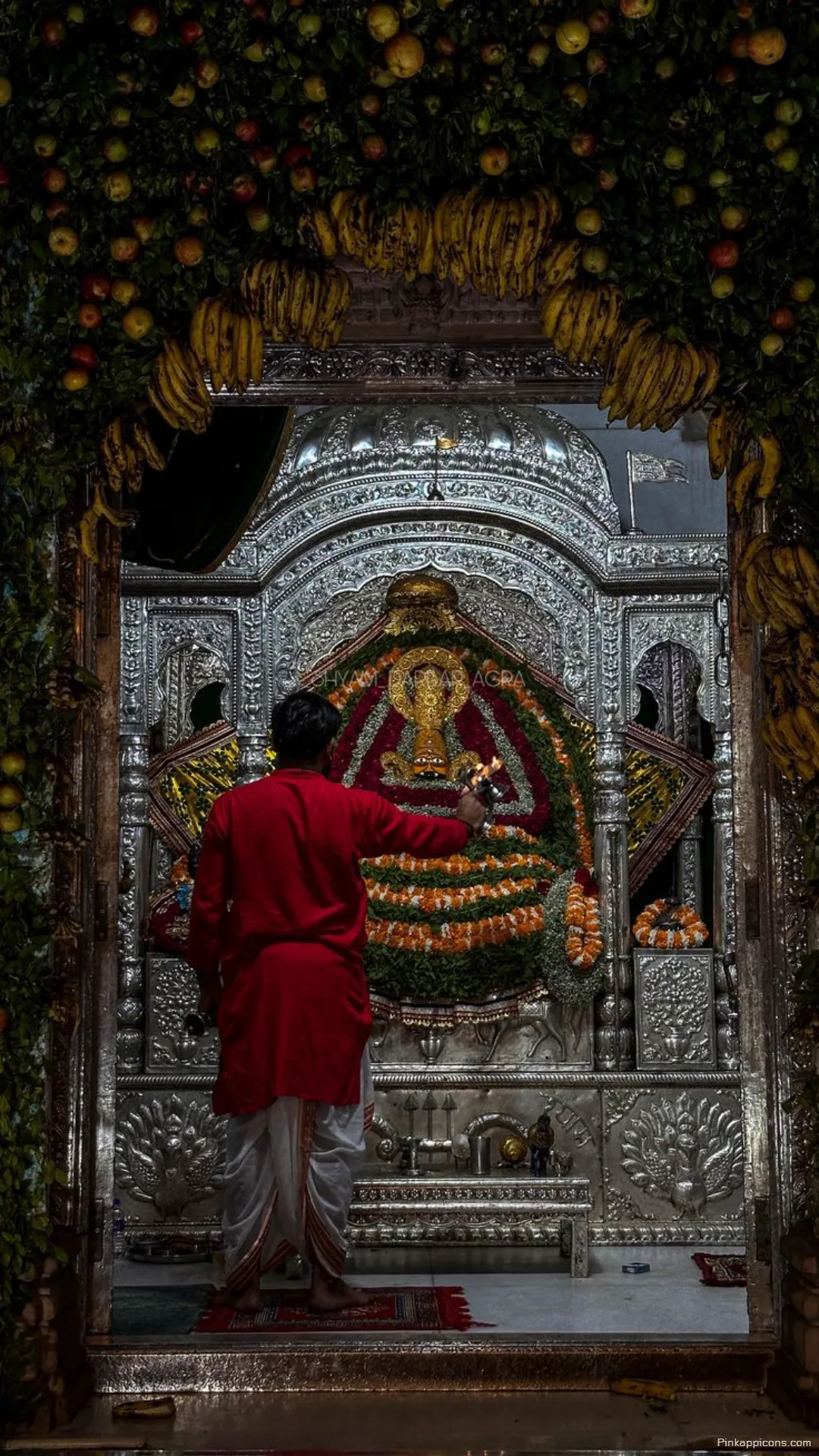 Sacred Silver Shrine Ornate Temple with Fruit Decorations Captivating Khatushyam Ji Wallpaper for Phones Sacred Silver Shrine Ornate Temple with Fruit Decorations, Captivating Khatushyam Ji Wallpaper for Phones