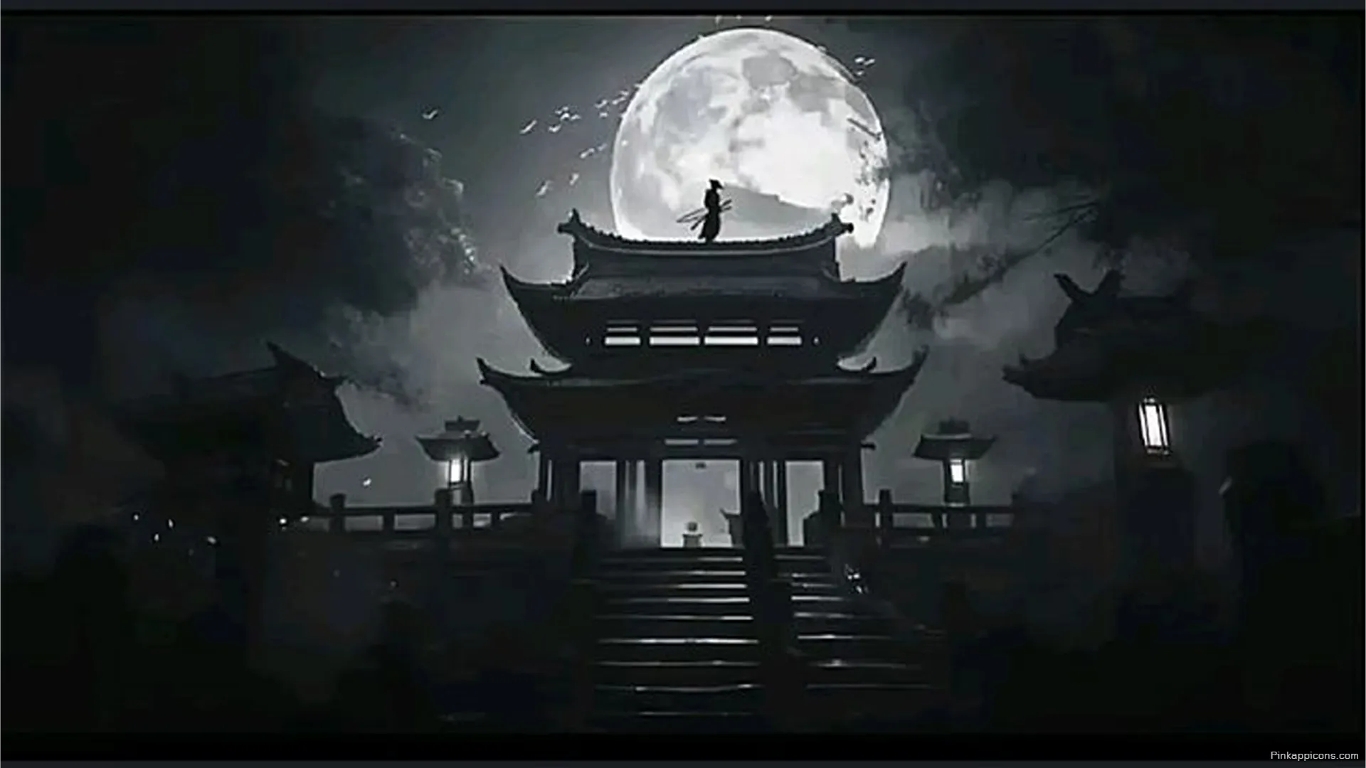 Samurai Warrior on Rooftop 8K Wallpaper for PC Iconic Figure atop a Traditional Japanese Temple under a Full Moon Samurai Warrior on Rooftop 8K Wallpaper for PC Iconic Figure atop a Traditional Japanese Temple under a Full Moon.