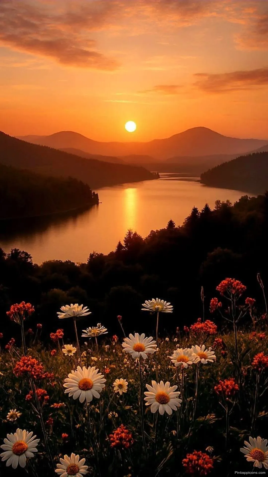 Scenic Mountain Sunset Wallpaper with Flowers Scenic Mountain Sunset Wallpaper with Flowers