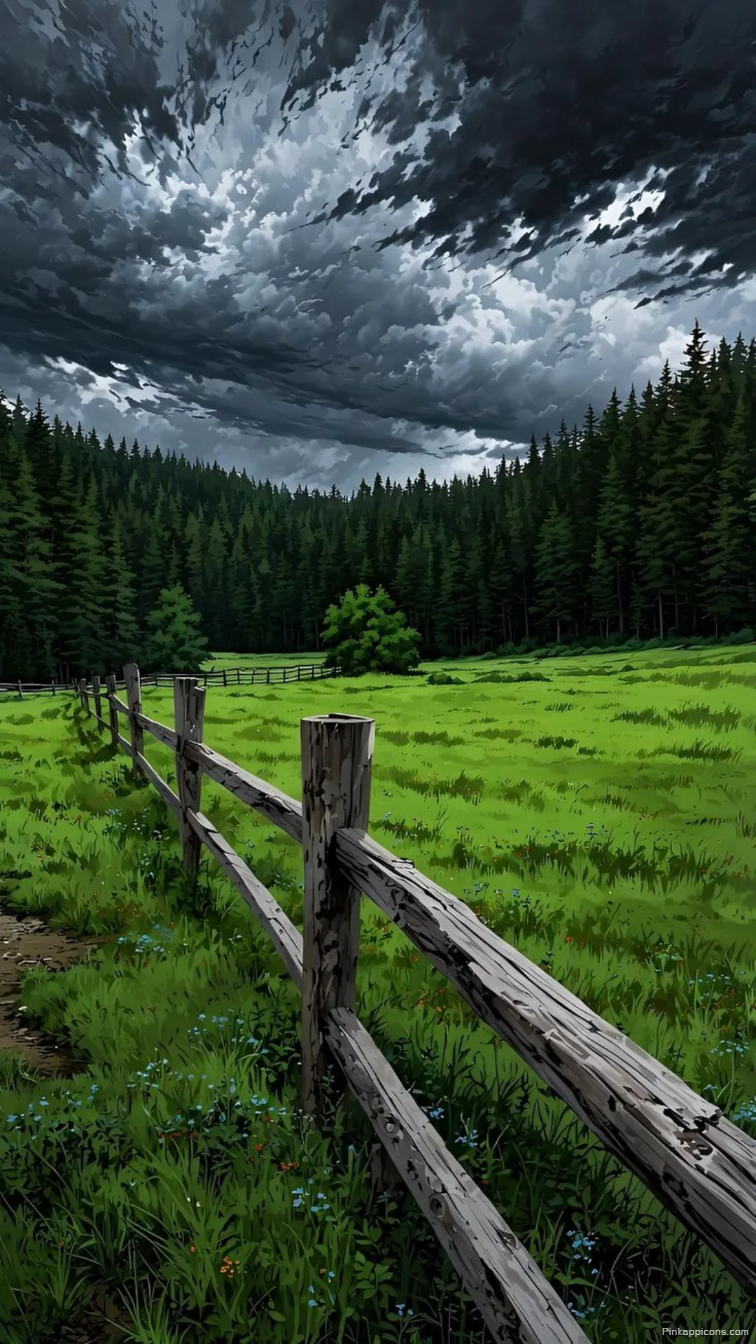 Scenic Open Field Forest Wallpaper with a Wooden Fence and Pine Trees Scenic Open Field Forest Wallpaper with a Wooden Fence and Pine Trees