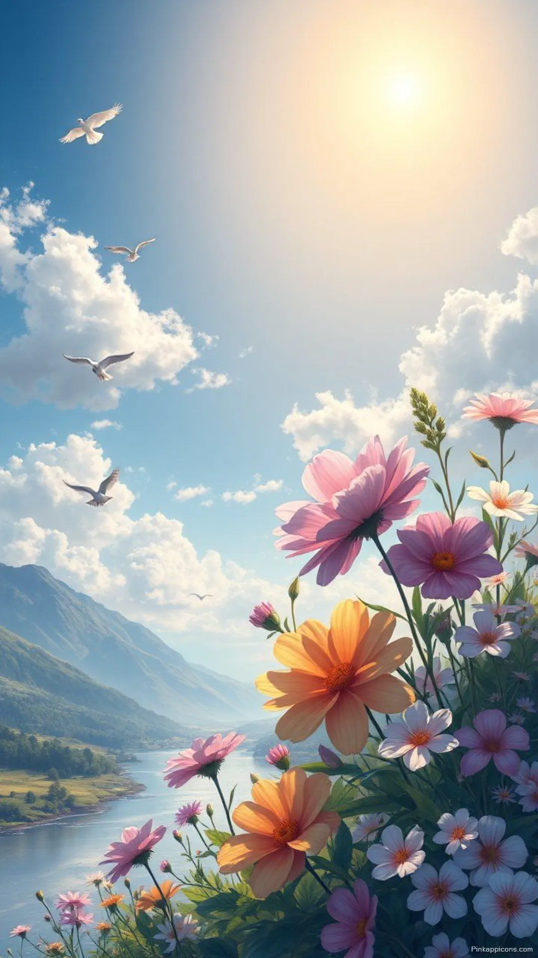 Serene Flower Meadow Nature Wallpaper with Mountains and a River Serene Flower Meadow Nature Wallpaper with Mountains and a River