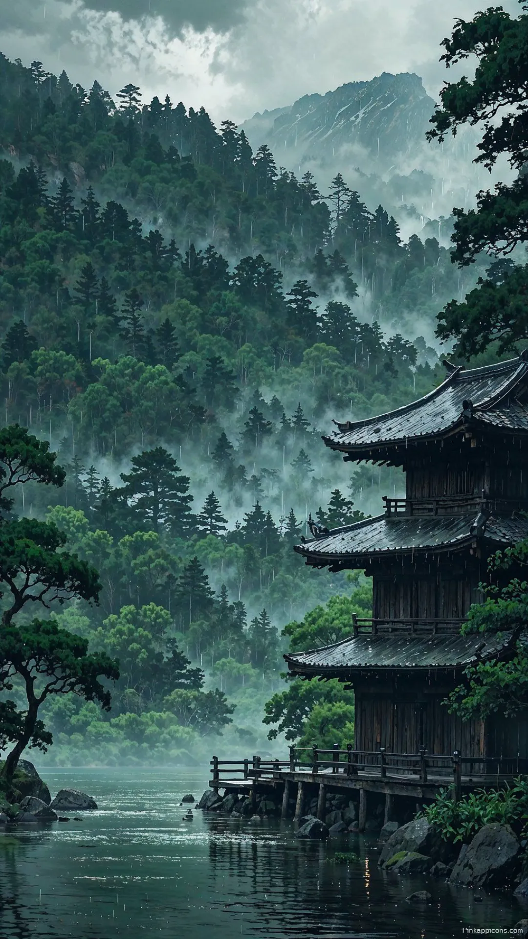 Serene Forest Nature Wallpaper with a Traditional Temple by the Water Serene Forest Nature Wallpaper with a Traditional Temple by the Water