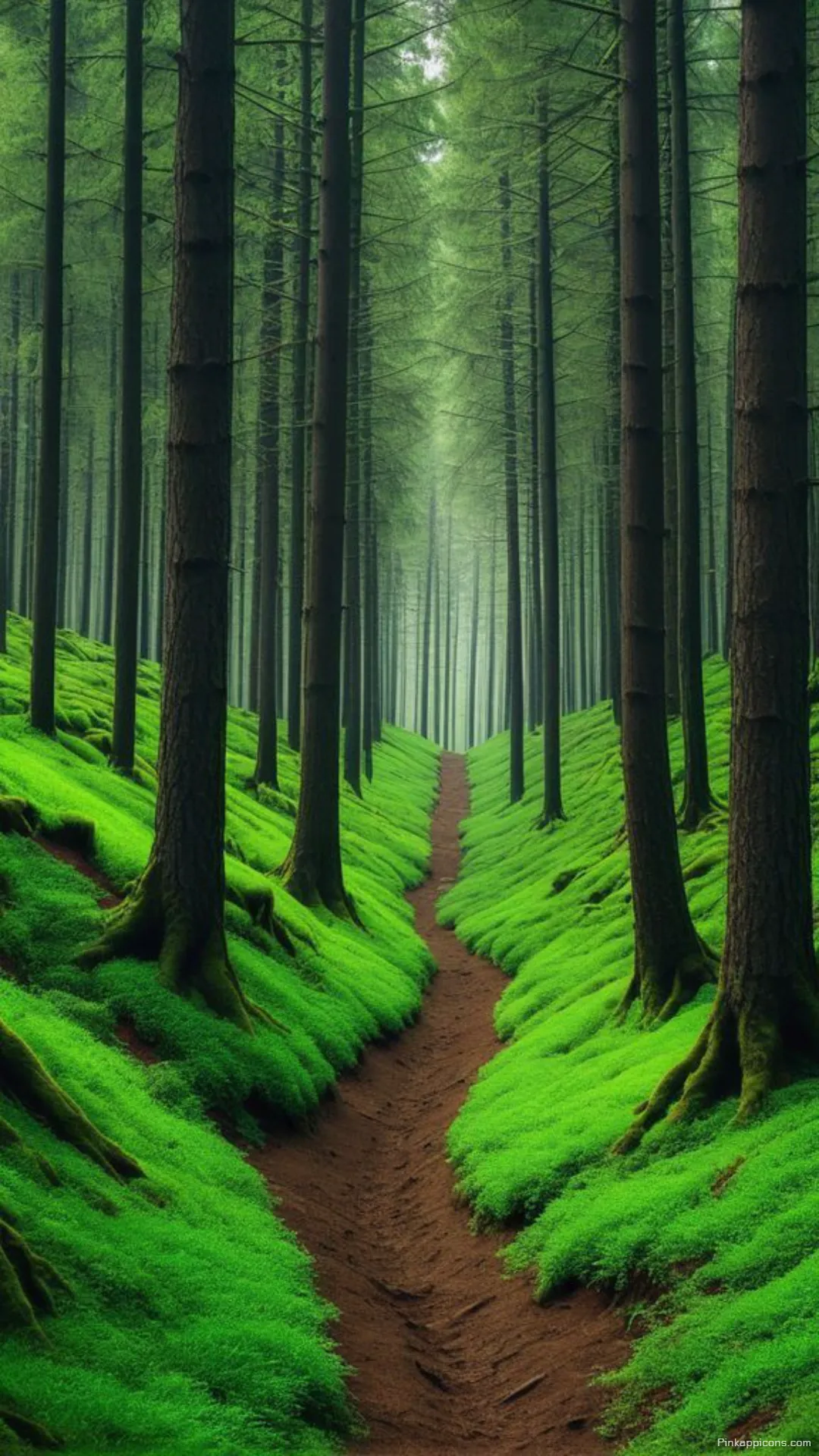 Serene Forest Wallpaper of Tall Trees and a Mossy Path for Mobile Serene Forest Wallpaper of Tall Trees and a Mossy Path for Mobile