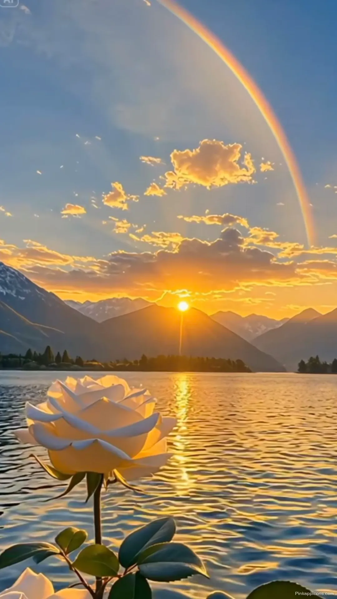 Serene Lake View Rainbow Wallpaper Elegant Rose Mountains and Sunset Glow Serene Lake View Rainbow Wallpaper Elegant Rose, Mountains, and Sunset Glow