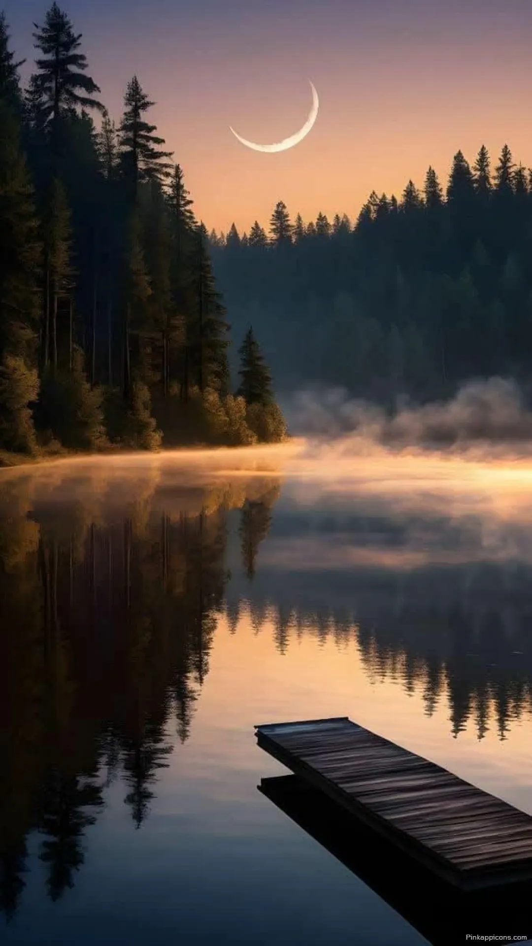Serene Morning Lake Nature Wallpaper with Moon Serene Morning Lake Nature Wallpaper with Moon