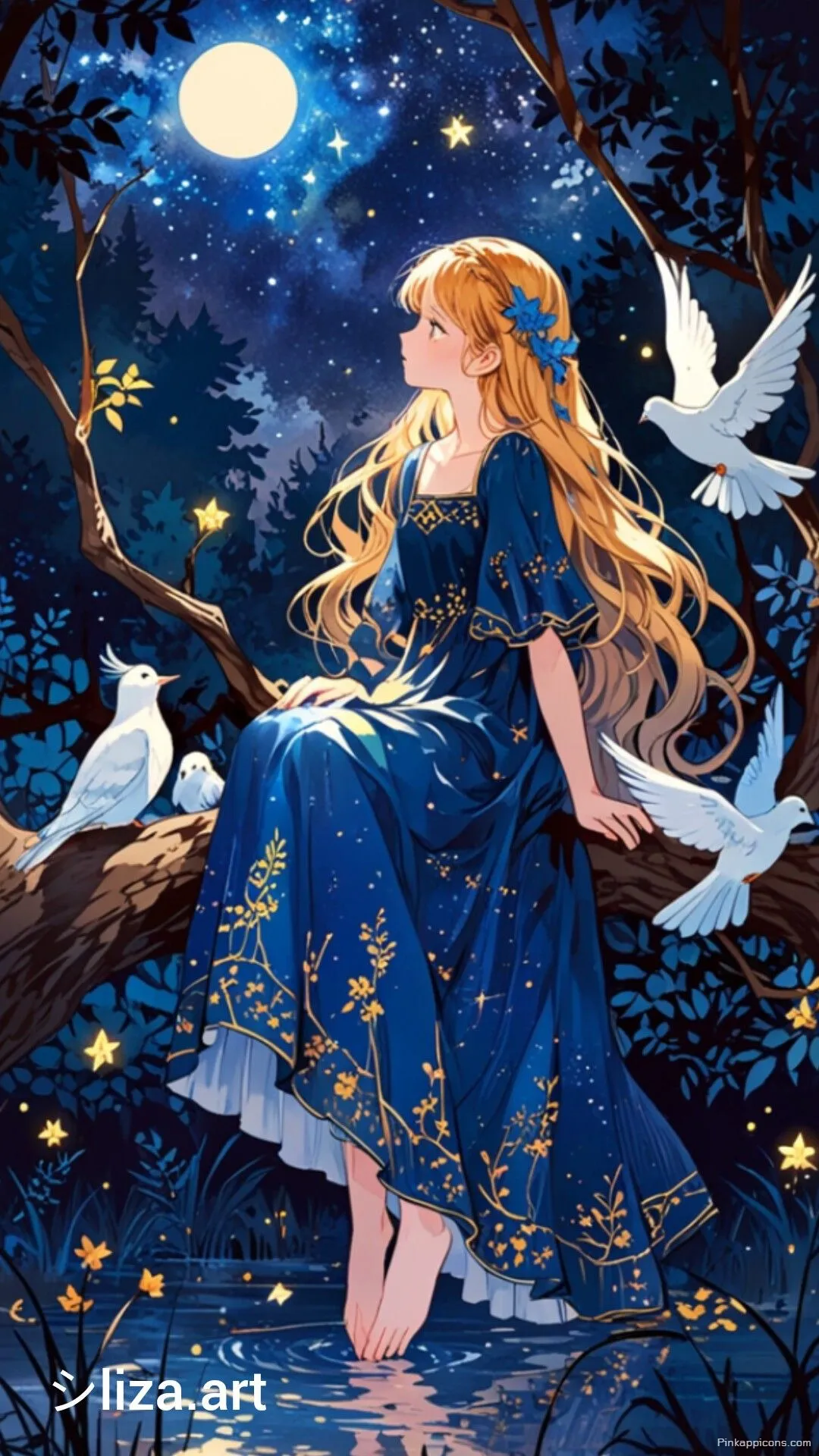 Serene Princess Wallpaper of a Barefoot Girl in a Blue Dress With White Doves by Moonlight Serene Princess Wallpaper of a Barefoot Girl in a Blue Dress With White Doves by Moonlight