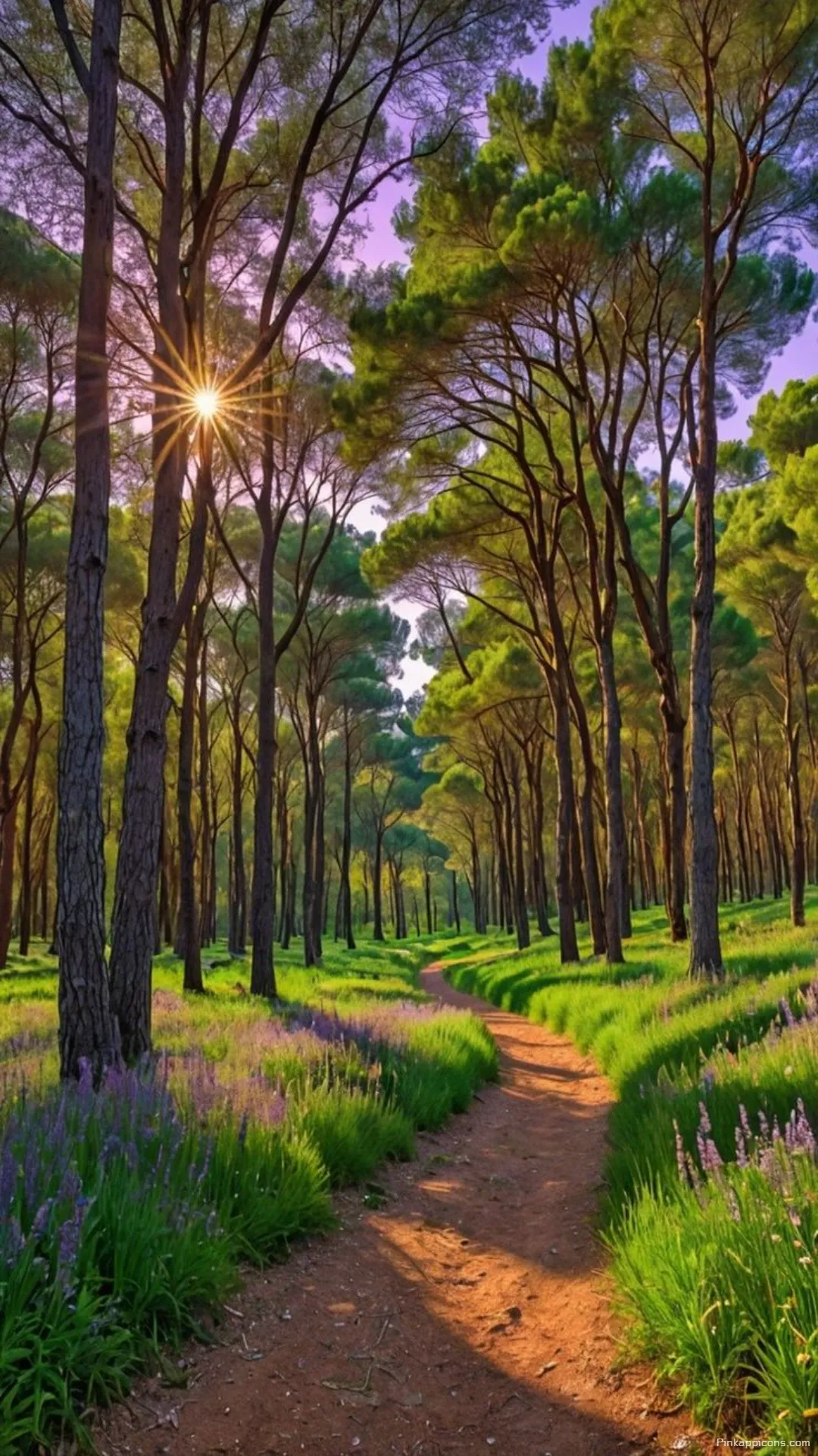 Serene and Green Forest Wallpaper with Purple Flowers and a Pathway Serene and Green Forest Wallpaper with Purple Flowers and a Pathway