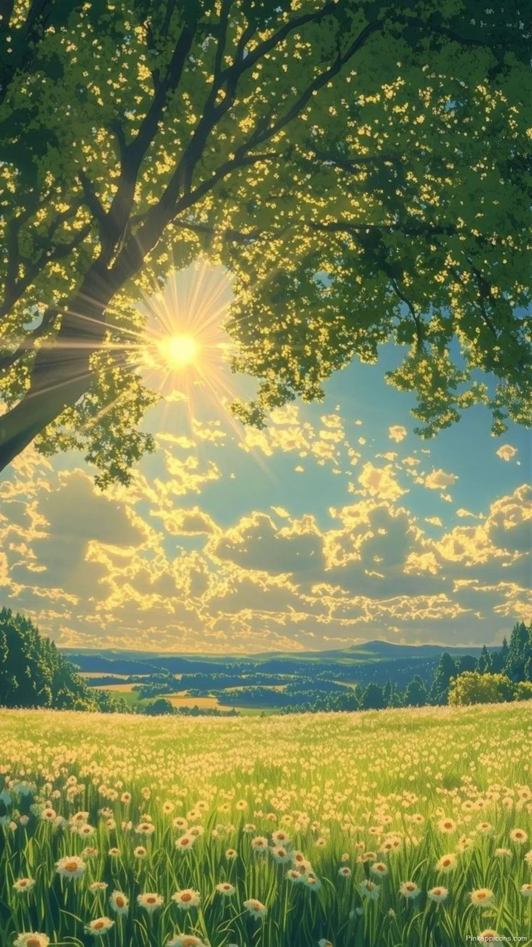 Simple Wallpaper Sunny Meadow with a Large Tree and Flowers Phone Background Simple Wallpaper Sunny Meadow with a Large Tree and Flowers Phone Background