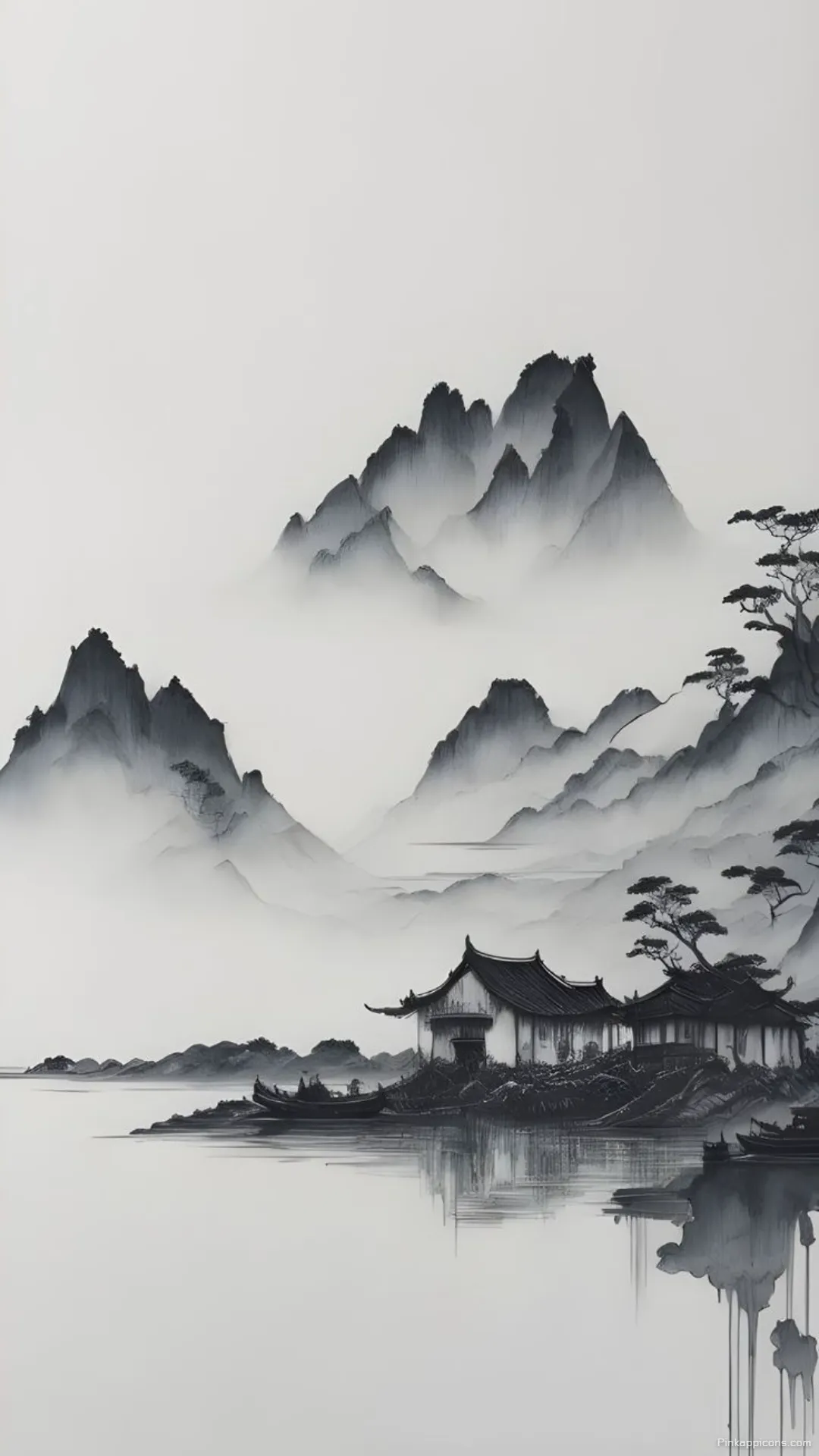 Simple Wallpaper Traditional Chinese Ink Wash Painting of Mountains and a House Simple Wallpaper Traditional Chinese Ink Wash Painting of Mountains and a House