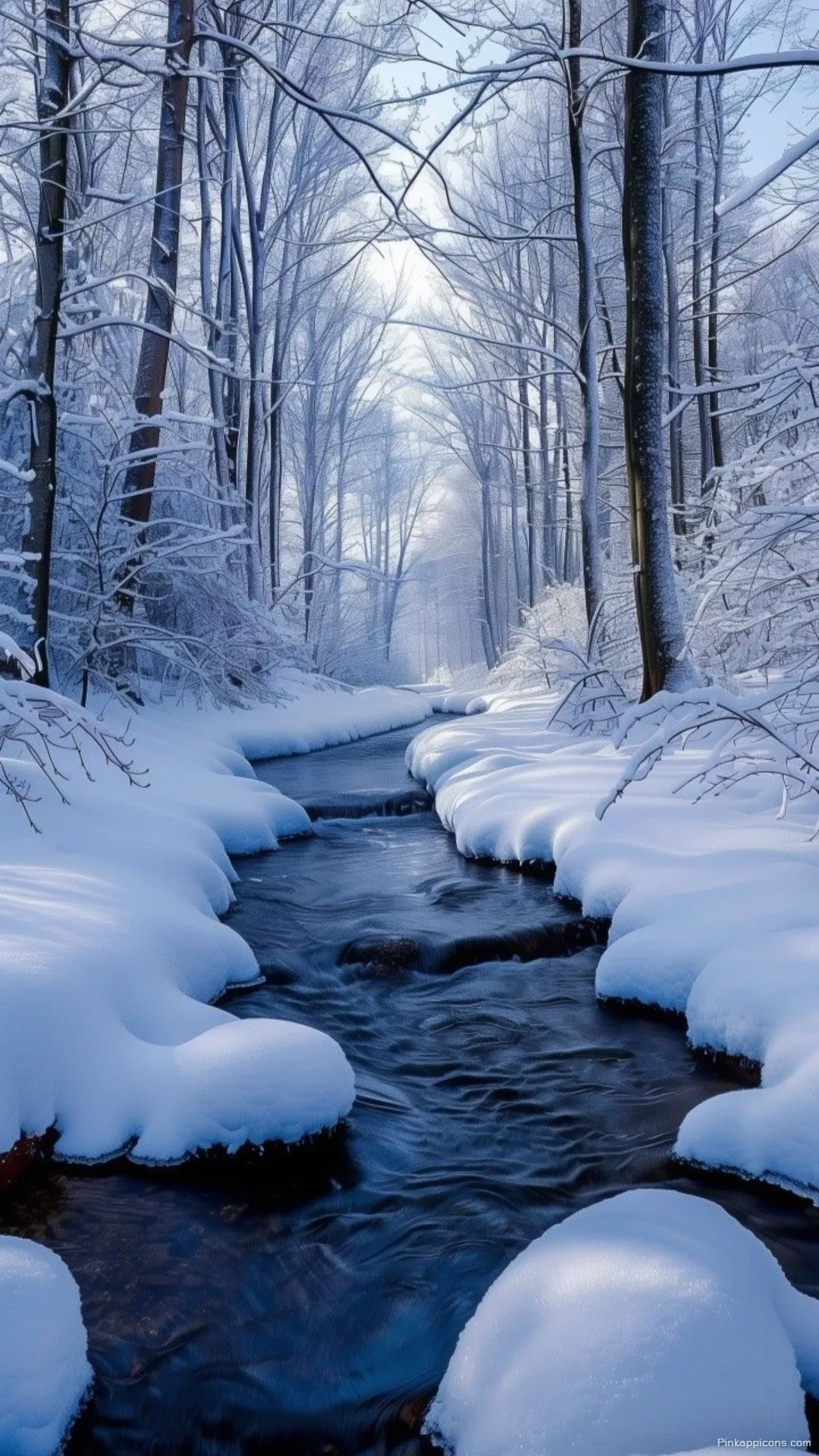 Snow Wallpaper A beautiful view of a calm flowing stream in a snowy forest perfect for your phone wallpaper Snow Wallpaper A beautiful view of a calm, flowing stream in a snowy forest, perfect for your phone wallpaper.