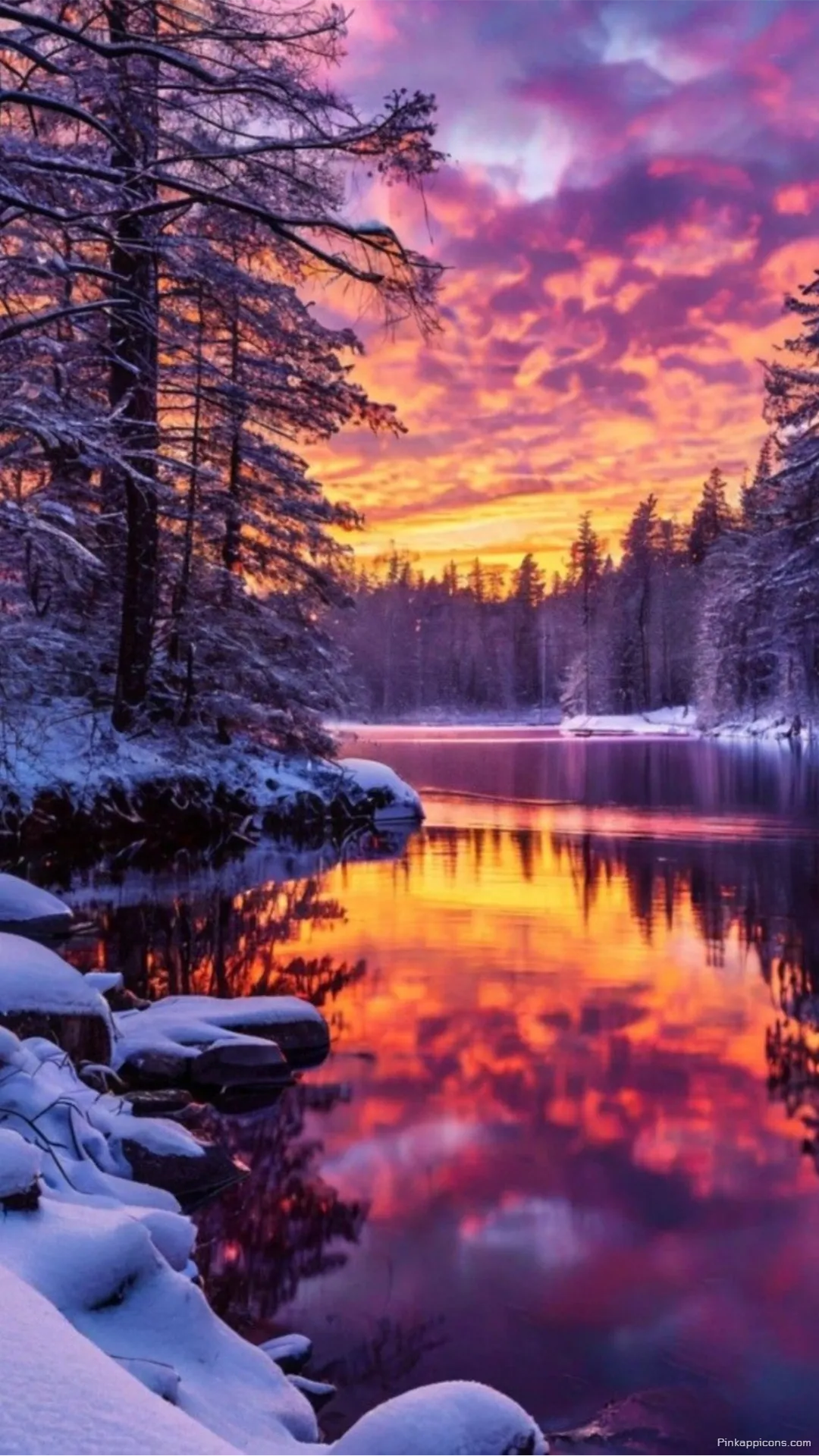 Snow Wallpaper A beautiful view of a lake with a vibrant orange and pink sunset perfect for your phone wallpaper Snow Wallpaper A beautiful view of a lake with a vibrant orange and pink sunset, perfect for your phone wallpaper.