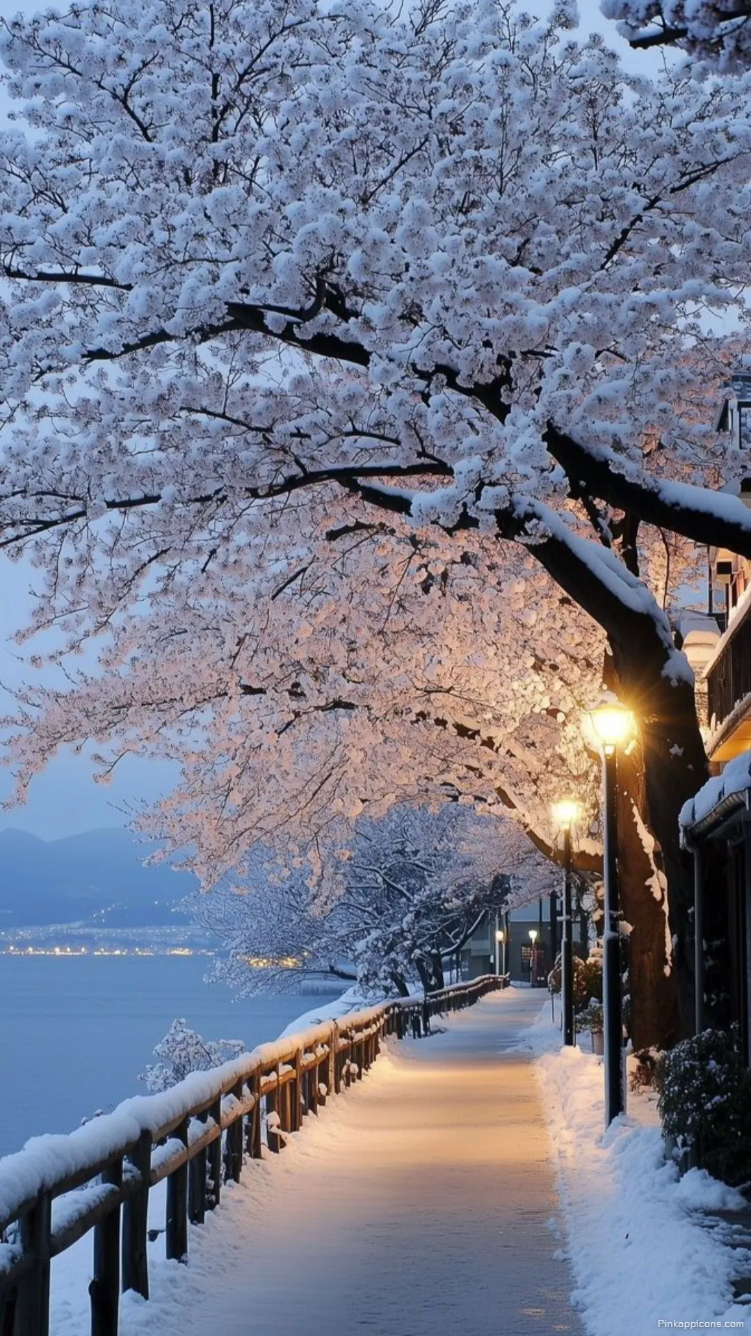 Snow Wallpaper A beautiful view of a lakeside path covered in snow at night perfect for your phone wallpaper Snow Wallpaper A beautiful view of a lakeside path covered in snow at night, perfect for your phone wallpaper.