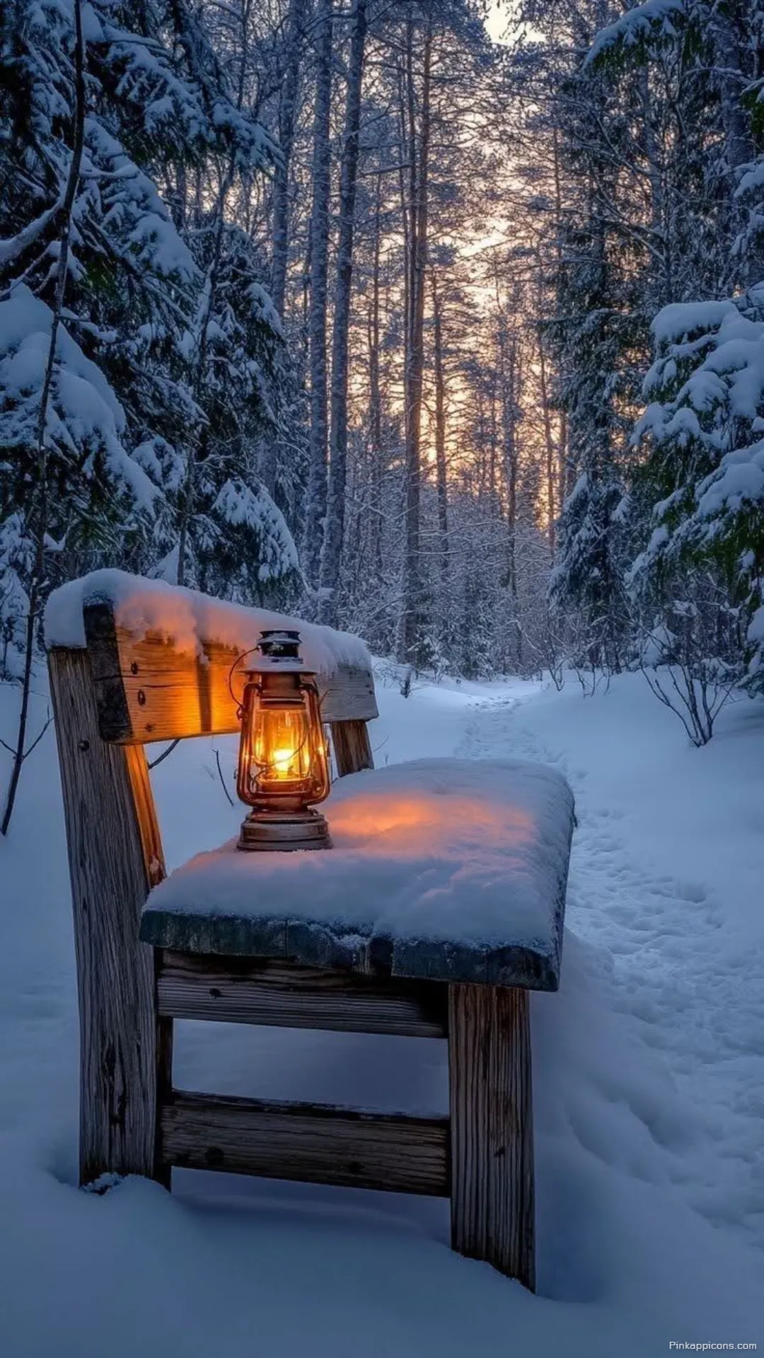 Snow Wallpaper A beautiful view of a lantern on a bench in a snowy forest perfect for your phone wallpaper Snow Wallpaper A beautiful view of a lantern on a bench in a snowy forest, perfect for your phone wallpaper.
