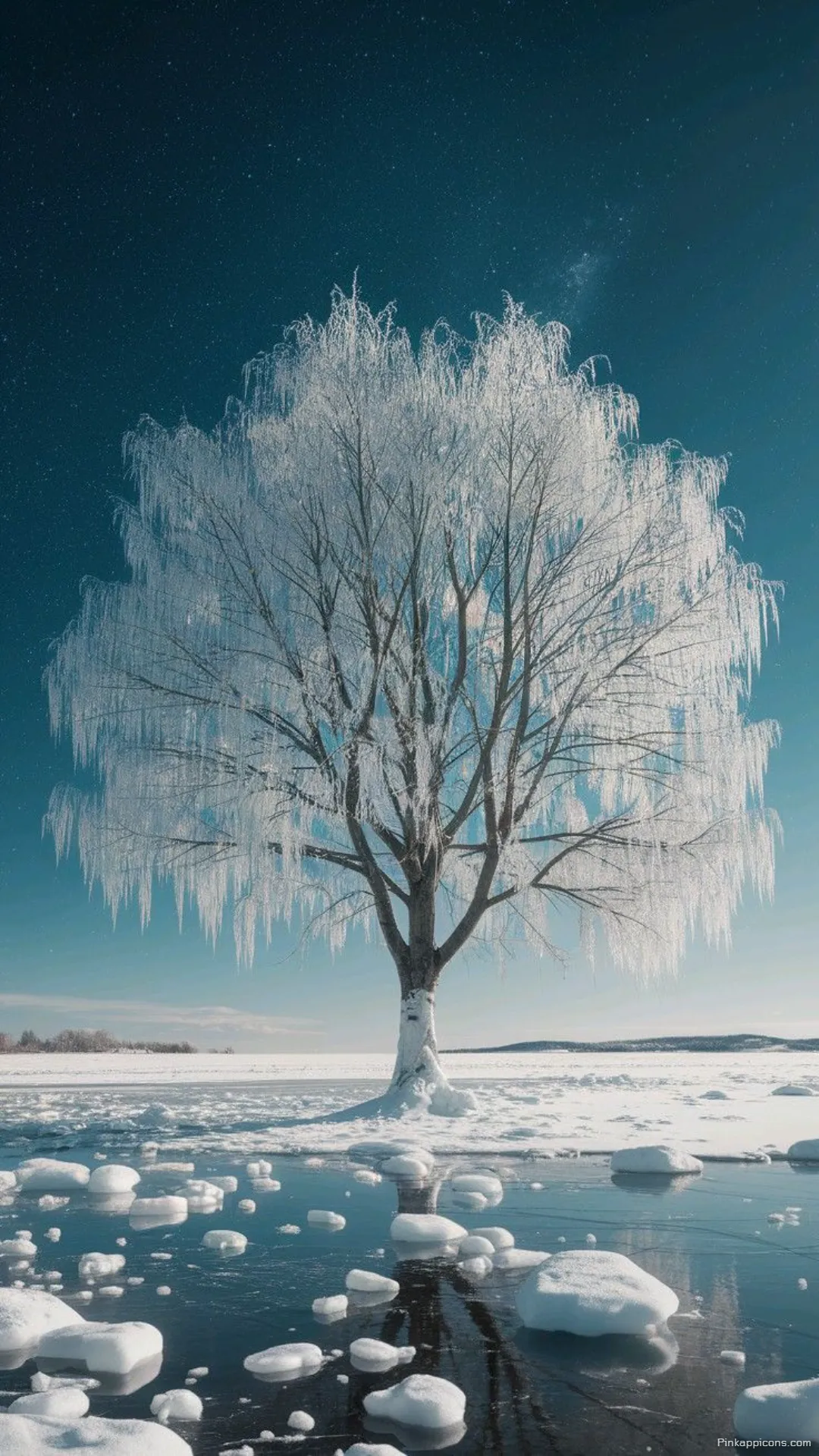 Snow Wallpaper A beautiful view of a large frosted tree on a frozen lake perfect for your phone wallpaper Snow Wallpaper A beautiful view of a large, frosted tree on a frozen lake, perfect for your phone wallpaper.