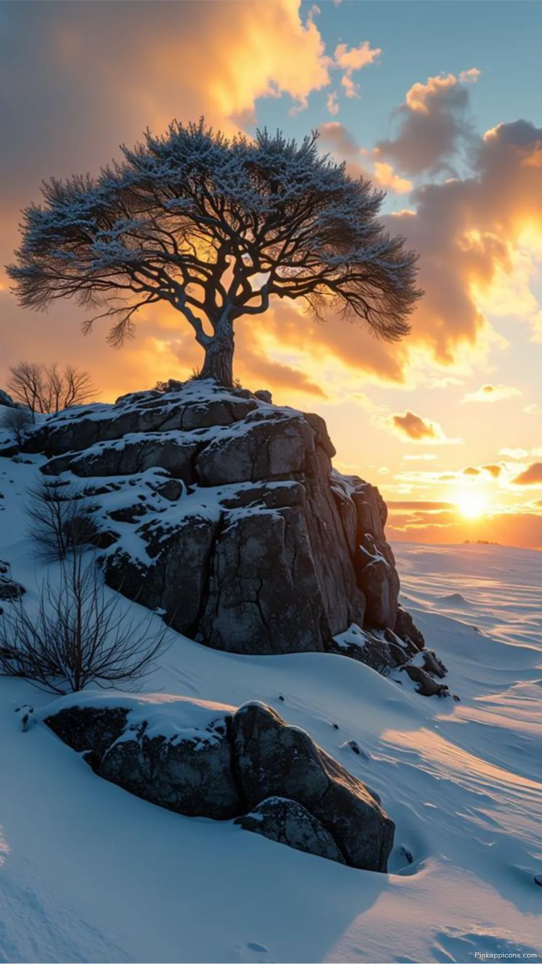 Snow Wallpaper A beautiful view of a lone tree on a rock with a golden sunset perfect for your phone wallpaper Snow Wallpaper A beautiful view of a lone tree on a rock with a golden sunset, perfect for your phone wallpaper.
