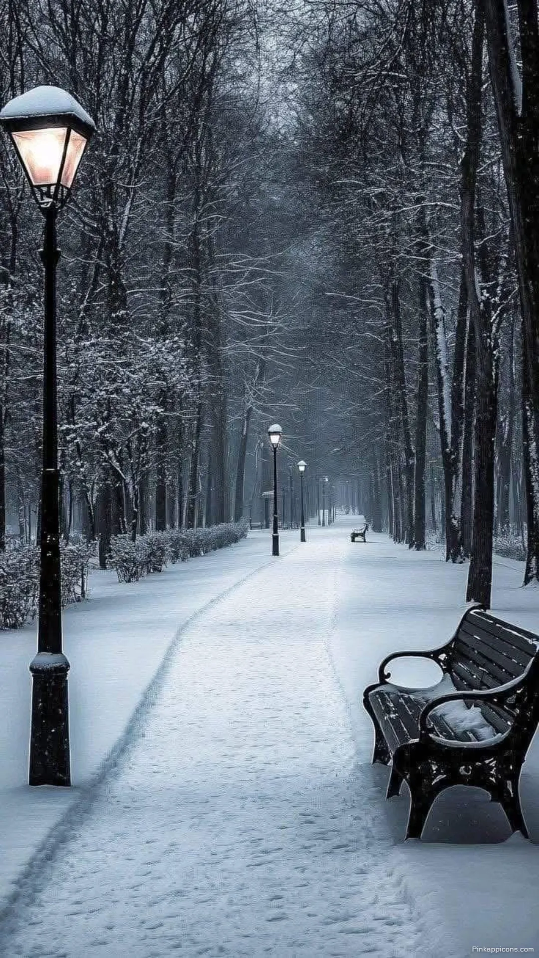 Snow Wallpaper A beautiful view of a mysterious snowy park path with glowing lampposts perfect for your phone wallpaper Snow Wallpaper A beautiful view of a mysterious, snowy park path with glowing lampposts, perfect for your phone wallpaper.