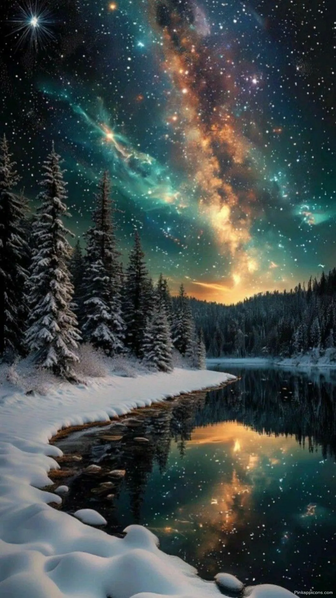 Snow Wallpaper A beautiful view of a river in a snowy forest at sunset with a moon in the sky. 2 Snow Wallpaper A beautiful view of a river in a snowy forest at sunset, with a moon in the sky. (2)