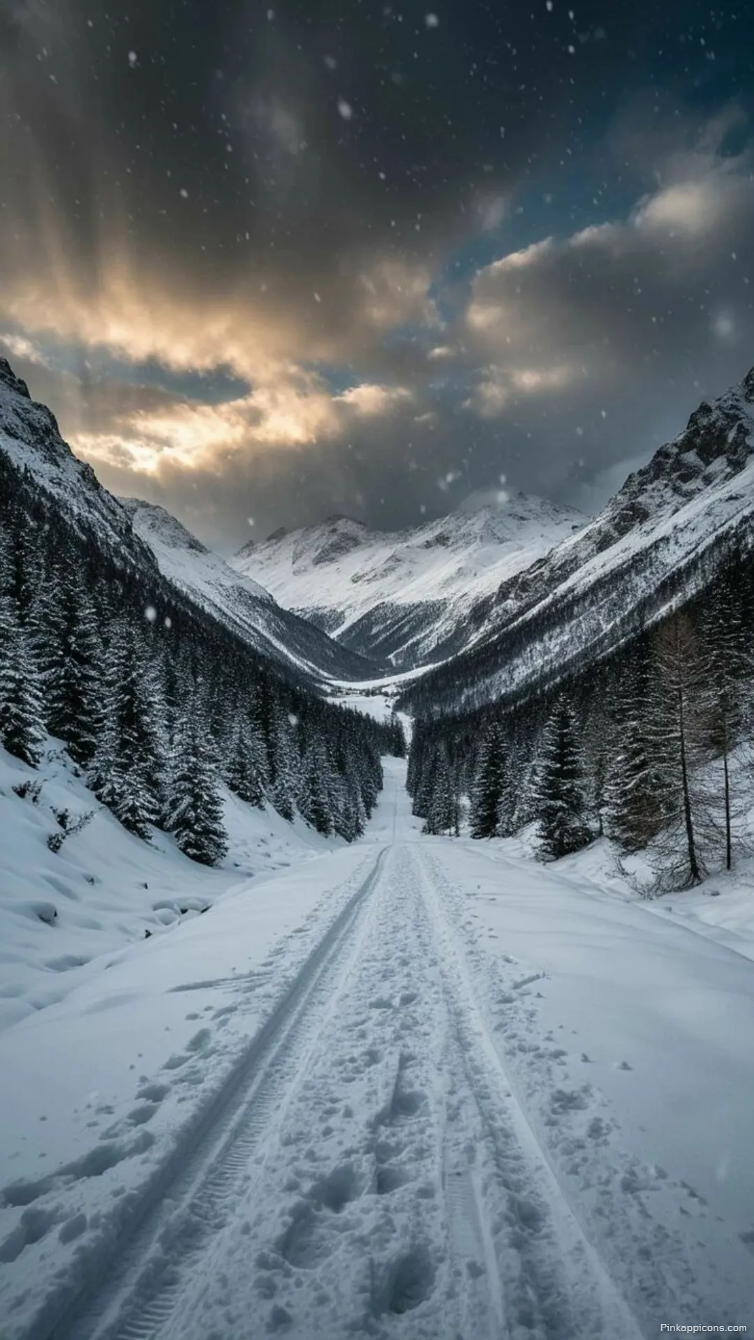 Snow Wallpaper A beautiful view of a road leading into a snowy valley perfect for your phone wallpaper Snow Wallpaper A beautiful view of a road leading into a snowy valley, perfect for your phone wallpaper.