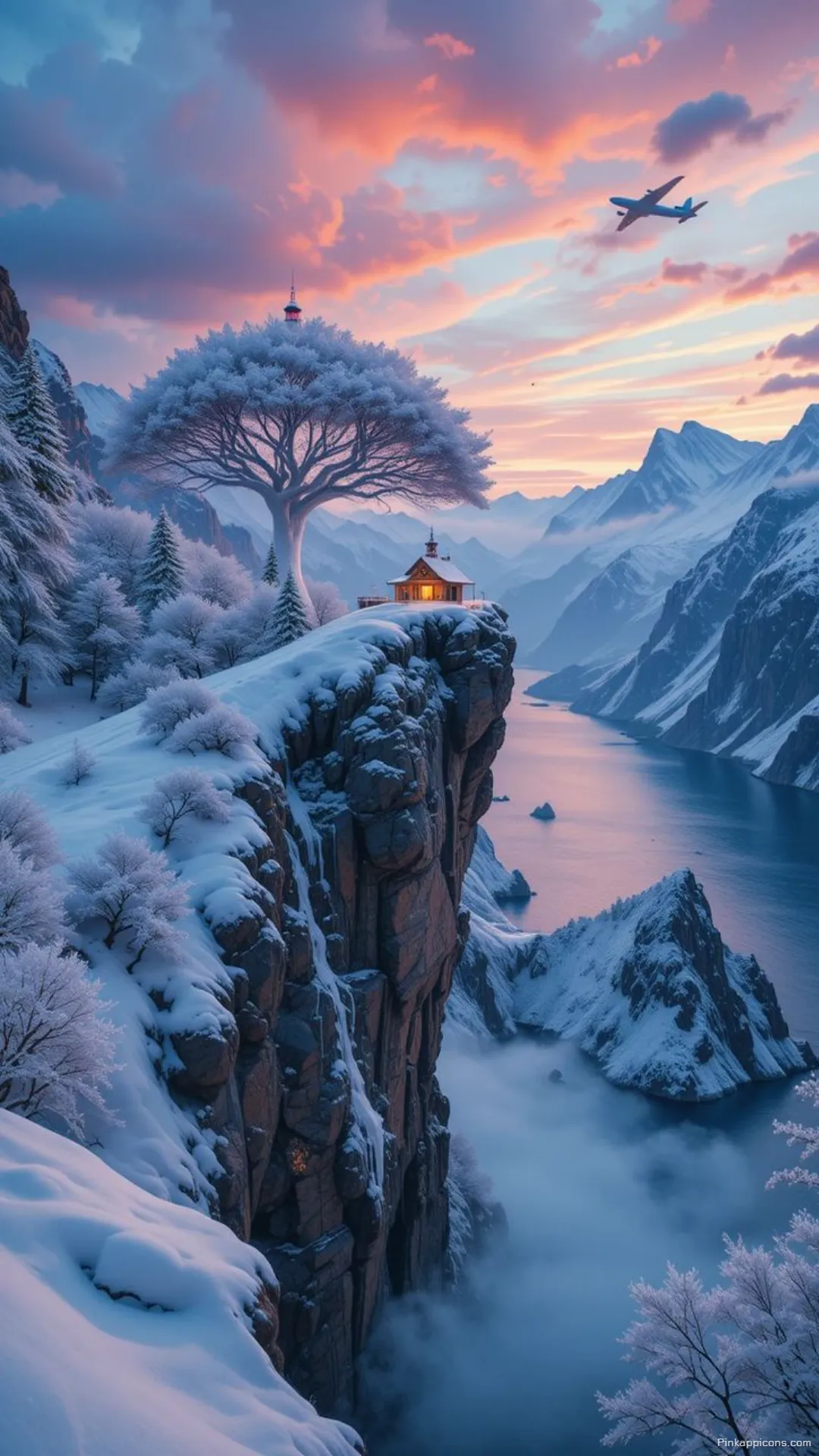 Snow Wallpaper A beautiful view of a small cabin on a cliff overlooking a river perfect for your phone wallpaper Snow Wallpaper A beautiful view of a small cabin on a cliff, overlooking a river, perfect for your phone wallpaper.