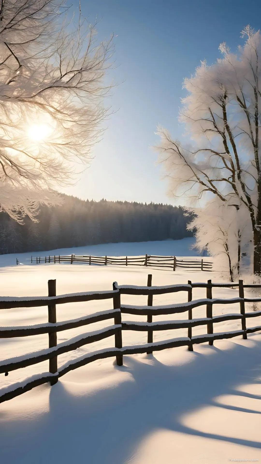 Snow Wallpaper A beautiful view of a snowy field with a wooden fence and bright sun perfect for your phone wallpaper Snow Wallpaper A beautiful view of a snowy field with a wooden fence and bright sun, perfect for your phone wallpaper.