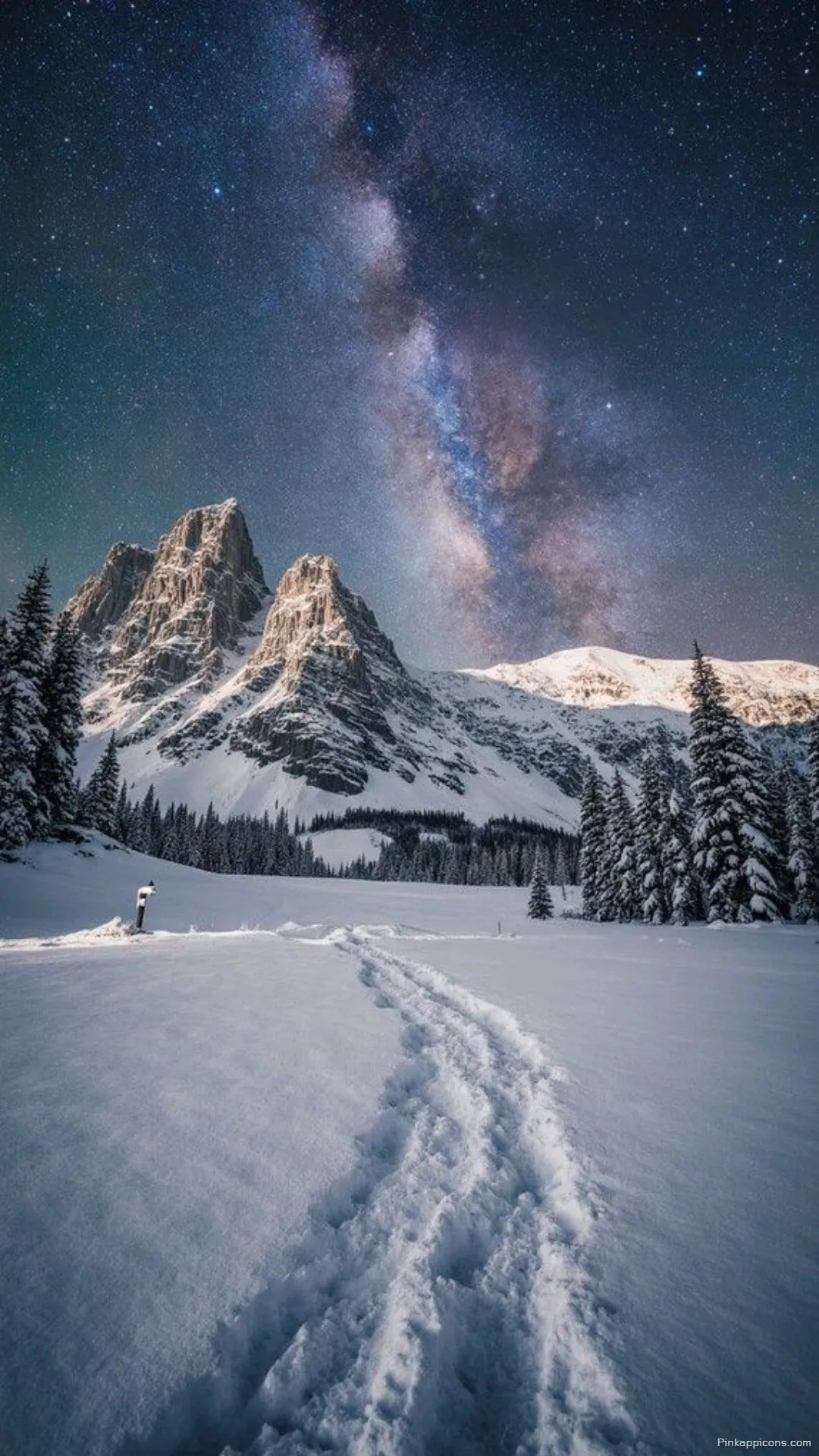Snow Wallpaper A beautiful view of a snowy mountain landscape with a starry night sky and a glowing Milky Way Snow Wallpaper A beautiful view of a snowy mountain landscape with a starry night sky and a glowing Milky Way.