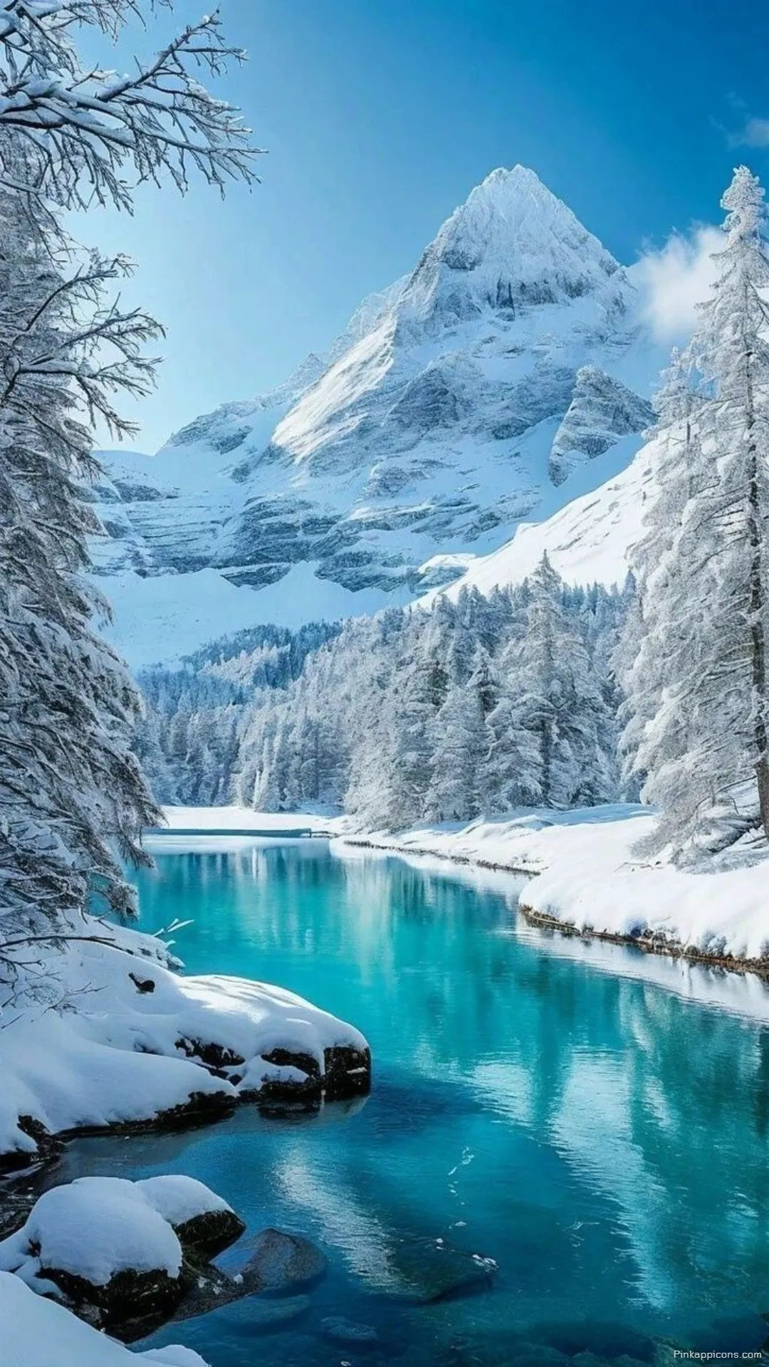 Snow Wallpaper A beautiful view of a turquoise river and snowy mountains perfect for your phone wallpaper Snow Wallpaper A beautiful view of a turquoise river and snowy mountains, perfect for your phone wallpaper.