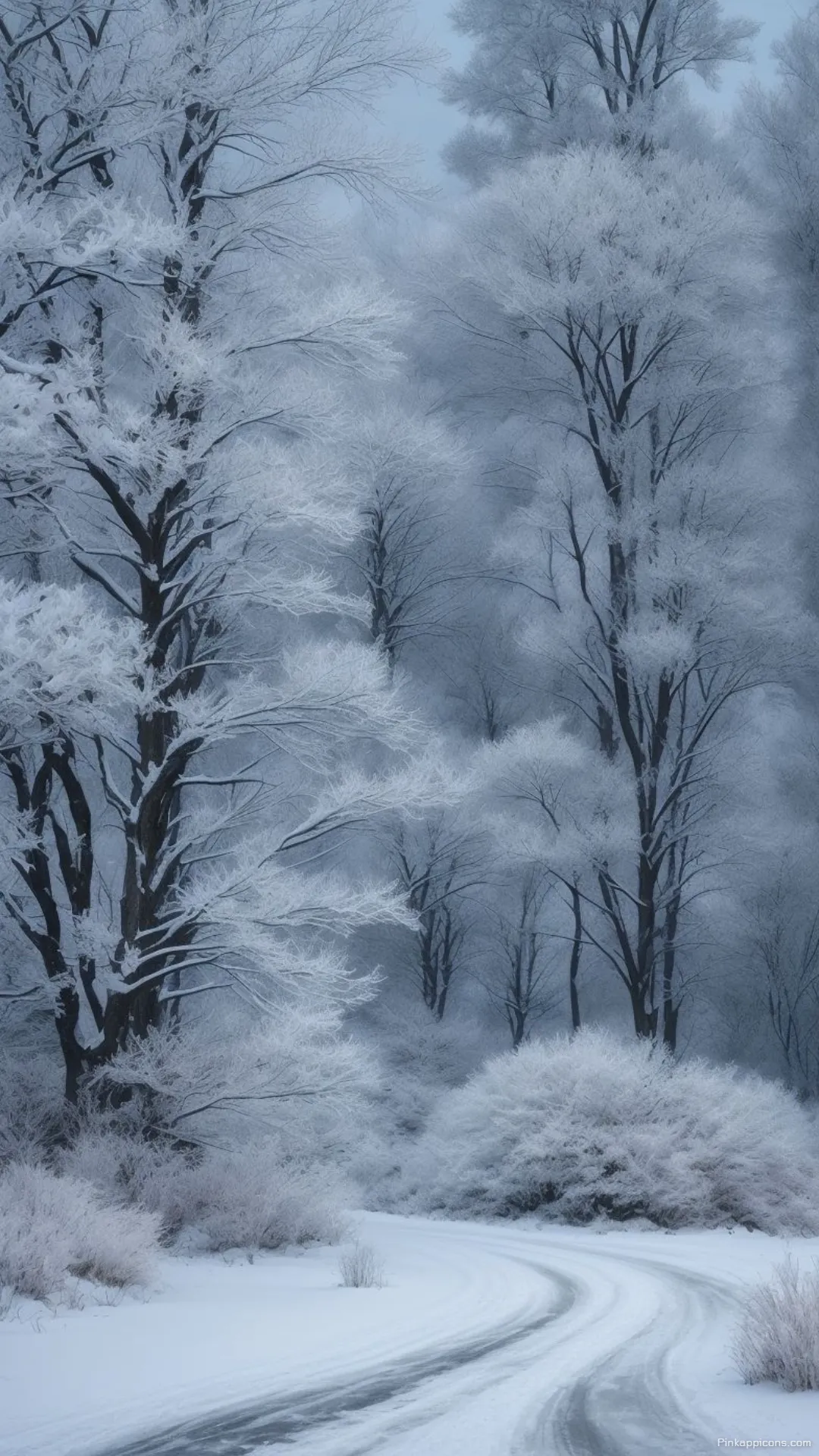 Snow Wallpaper A beautiful view of a winding road in a dense snowy forest perfect for your phone wallpaper Snow Wallpaper A beautiful view of a winding road in a dense, snowy forest, perfect for your phone wallpaper.
