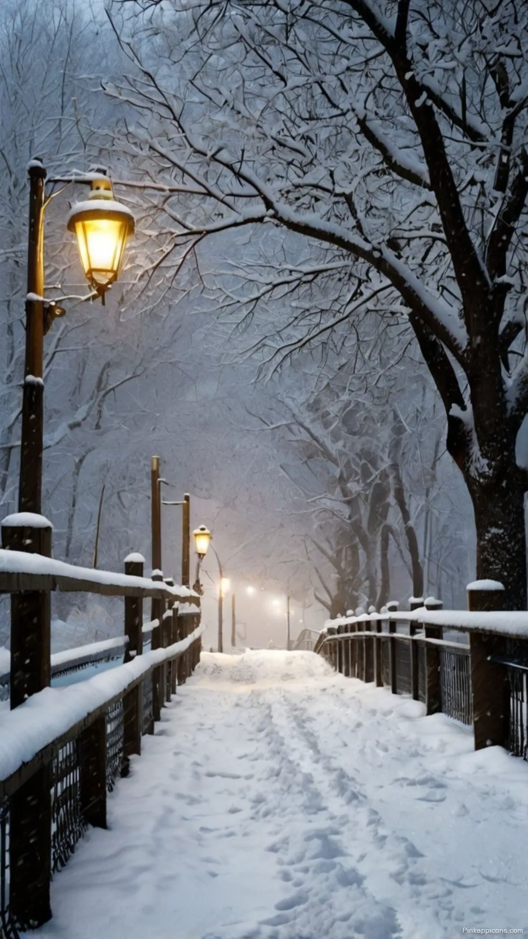 Snow Wallpaper A beautiful view of a winter bridge at night with glowing lampposts perfect for your phone wallpaper Snow Wallpaper A beautiful view of a winter bridge at night with glowing lampposts, perfect for your phone wallpaper.