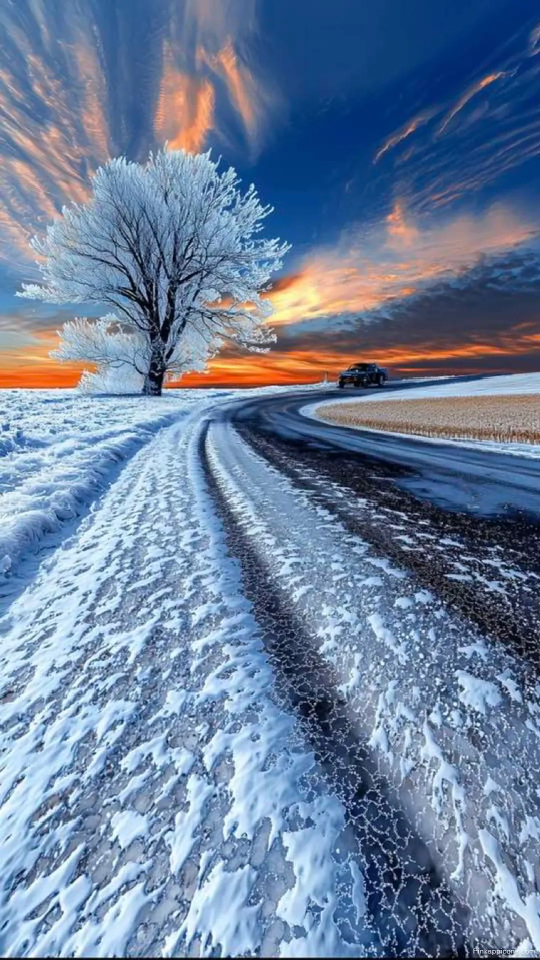 Snow Wallpaper A beautiful view of a winter road with tire tracks at sunset perfect for your phone wallpaper Snow Wallpaper A beautiful view of a winter road with tire tracks at sunset, perfect for your phone wallpaper.