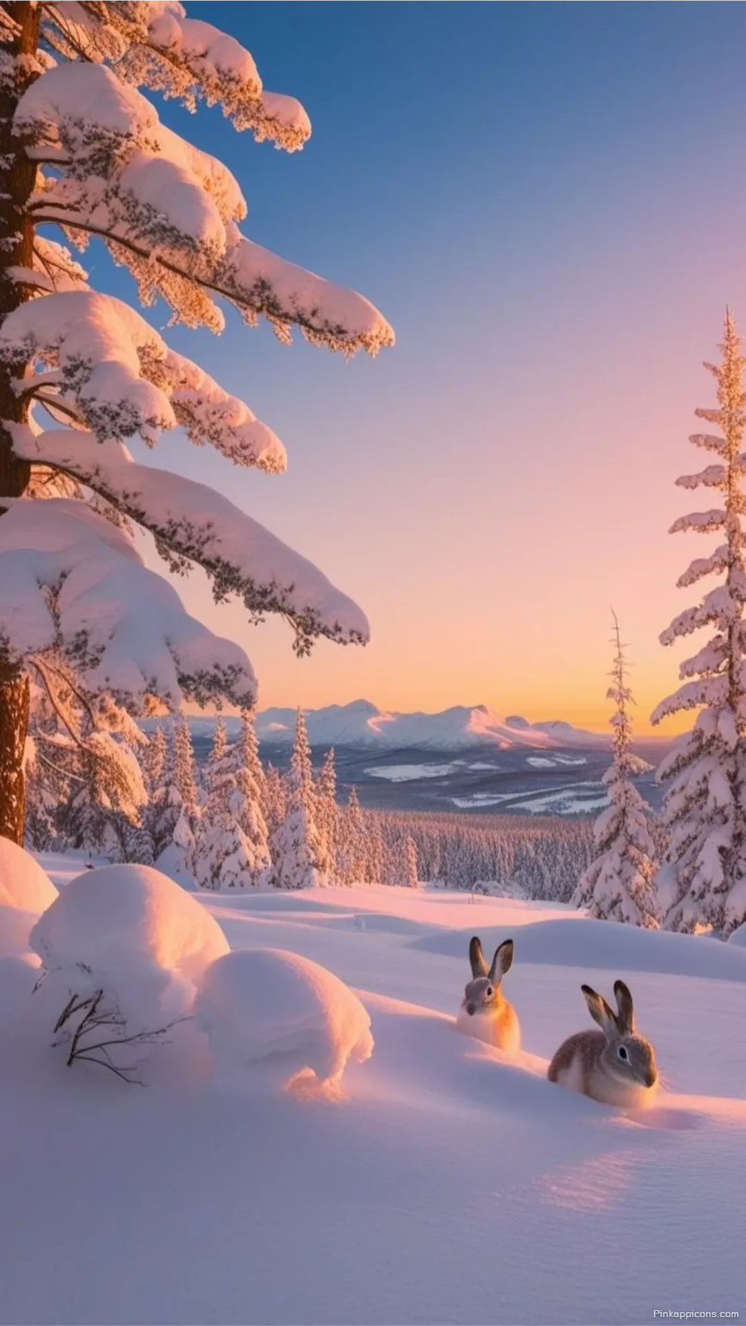 Snow Wallpaper A beautiful view of two bunnies in a snowy landscape at sunset perfect for your phone wallpaper Snow Wallpaper A beautiful view of two bunnies in a snowy landscape at sunset, perfect for your phone wallpaper.