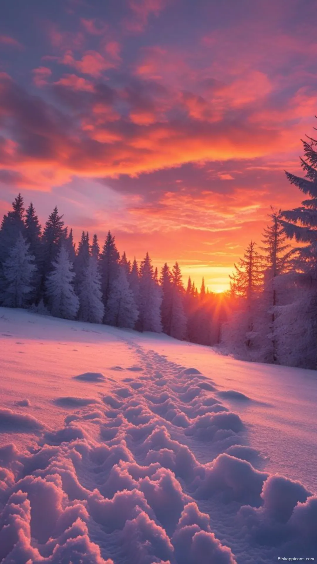 Snow Wallpaper A beautiful winter sunset with a path through the snow perfect for your phone wallpaper Snow Wallpaper A beautiful winter sunset with a path through the snow, perfect for your phone wallpaper.