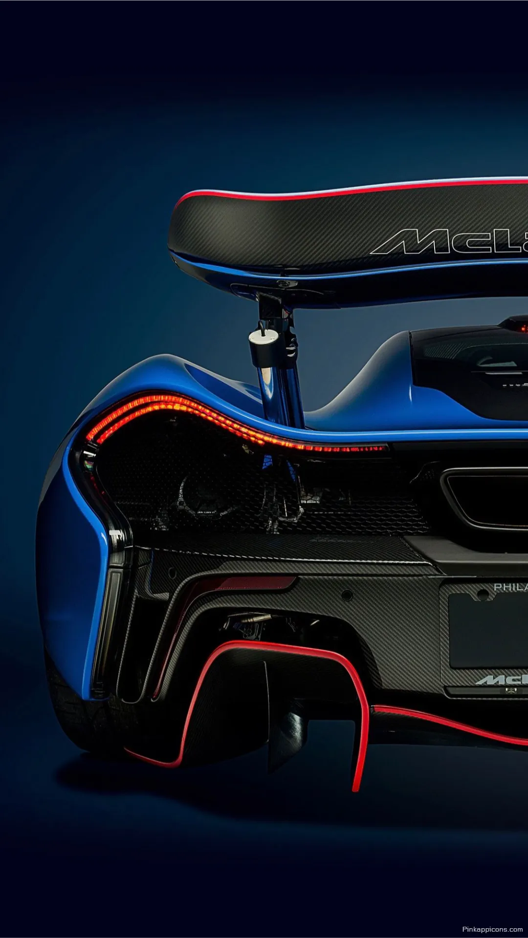 Striking Blue McLaren Wallpaper with Red Accents Detailed Rear View Sports Car Phone Background Striking Blue McLaren Wallpaper with Red Accents – Detailed Rear View Sports Car Phone Background