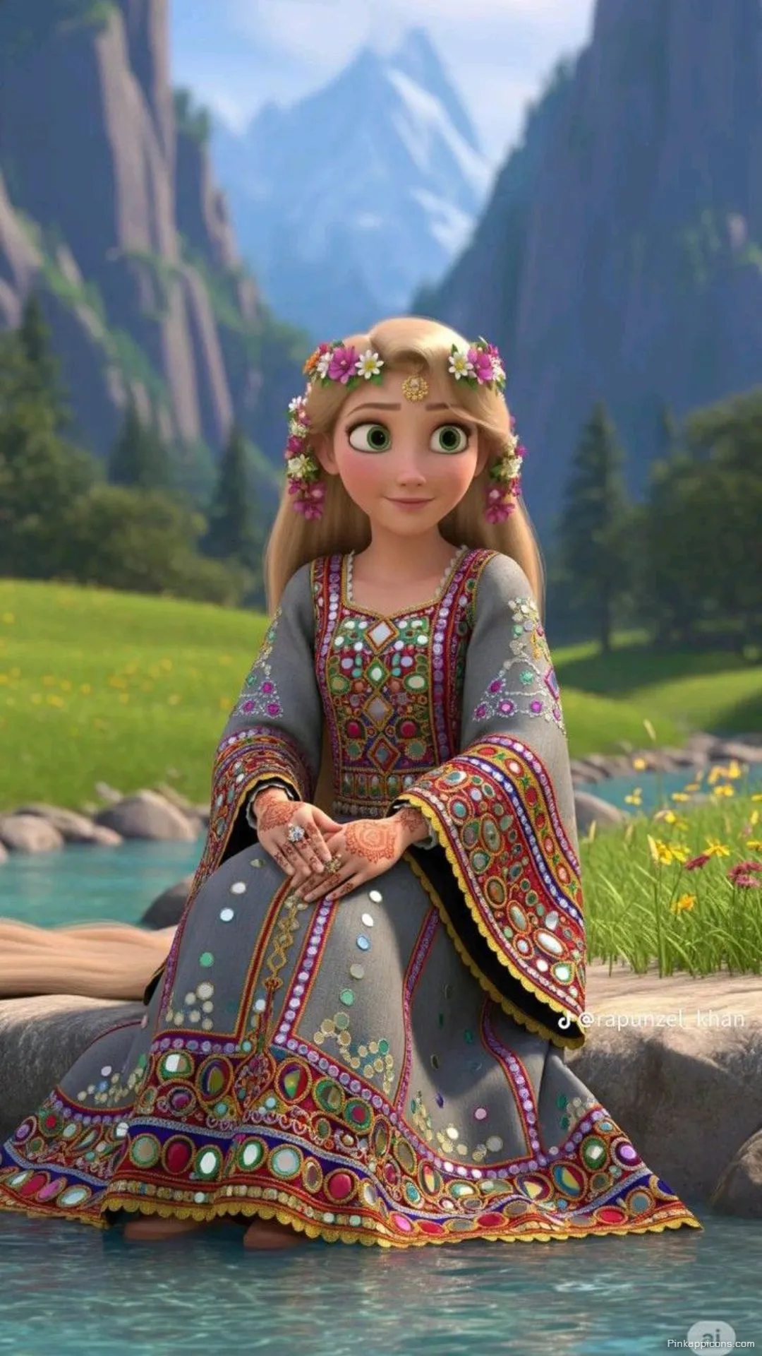 Stunning AI Art Princess Wallpaper of Rapunzel in a Culturally Inspired Gown for Phone Stunning AI Art Princess Wallpaper of Rapunzel in a Culturally Inspired Gown for Phone