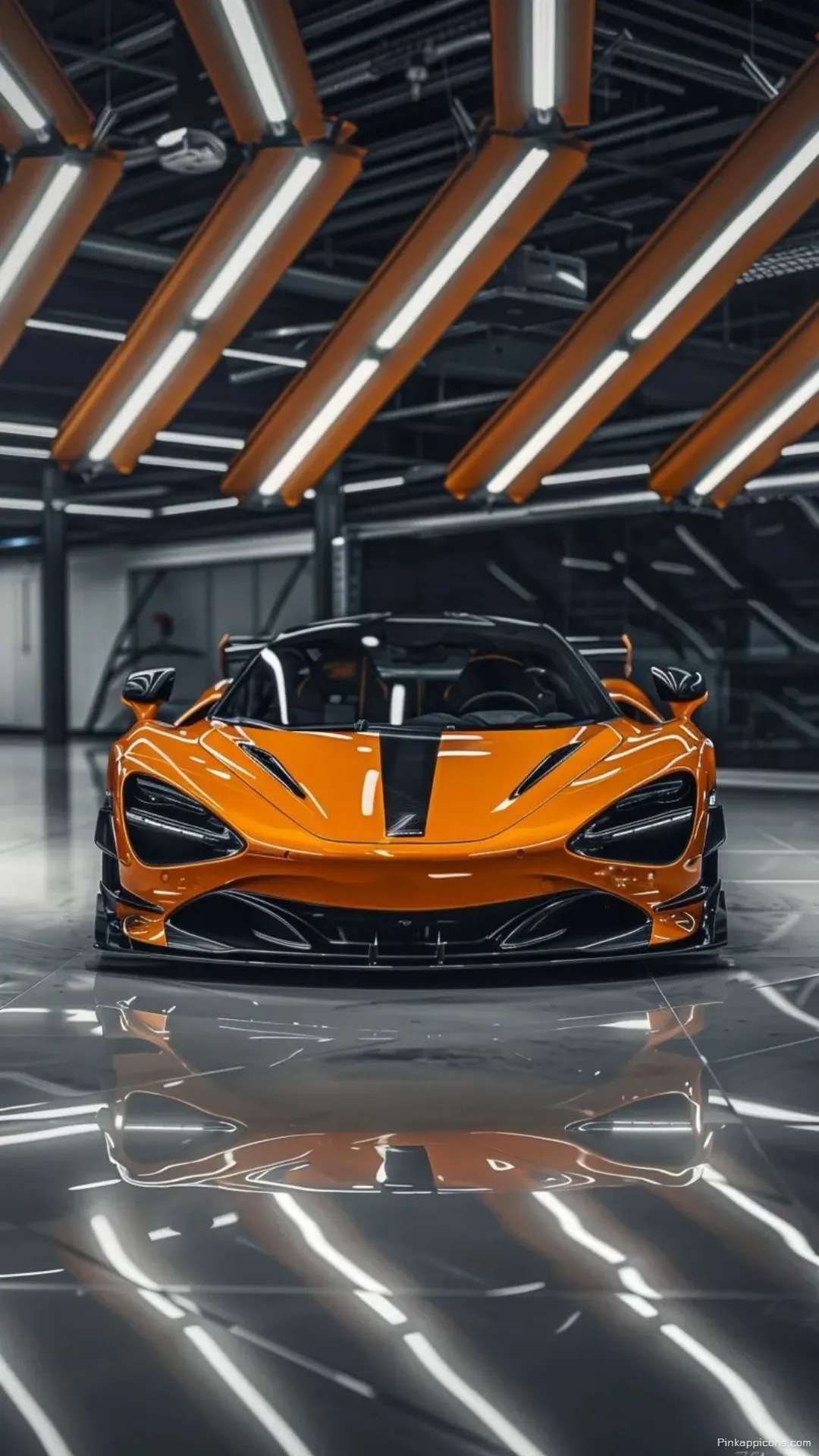Stunning Orange McLaren Wallpaper in a Modern Garage High Performance Phone Background Stunning Orange McLaren Wallpaper in a Modern Garage – High-Performance Phone Background