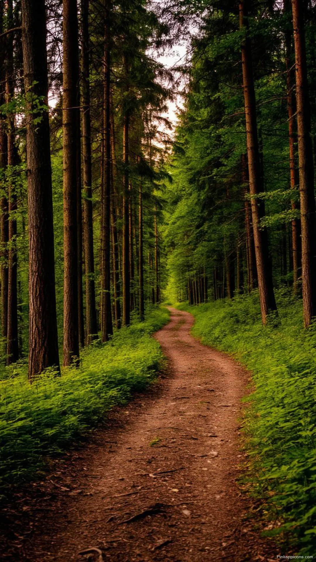 Tall Pine Trees and a Glowing Path Forest Wallpaper for Your Phone Tall Pine Trees and a Glowing Path Forest Wallpaper for Your Phone