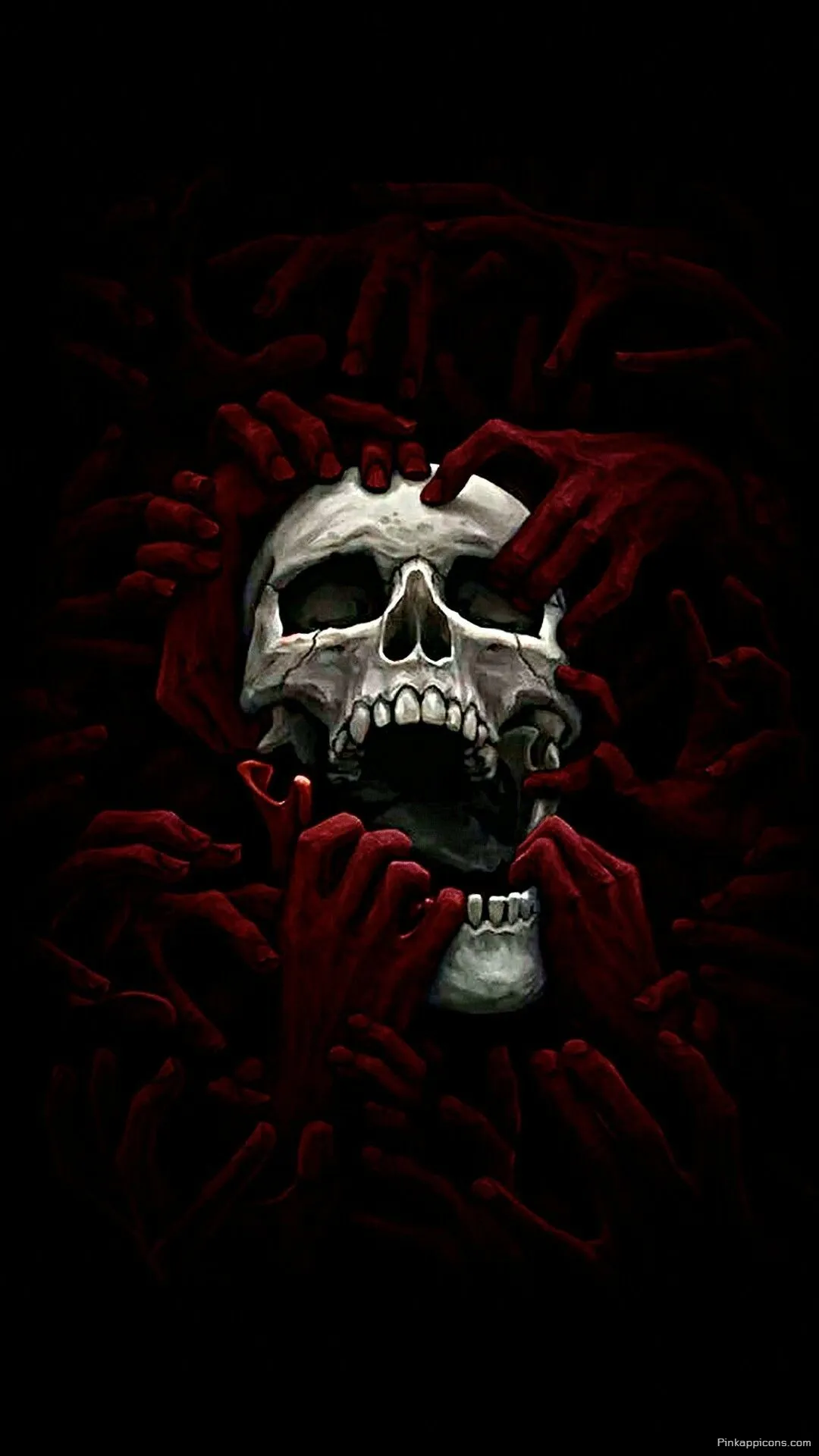 The Grasp of the Dead A Dark and Moody Skull Wallpaper with Red Hands The Grasp of the Dead A Dark and Moody Skull Wallpaper with Red Hands