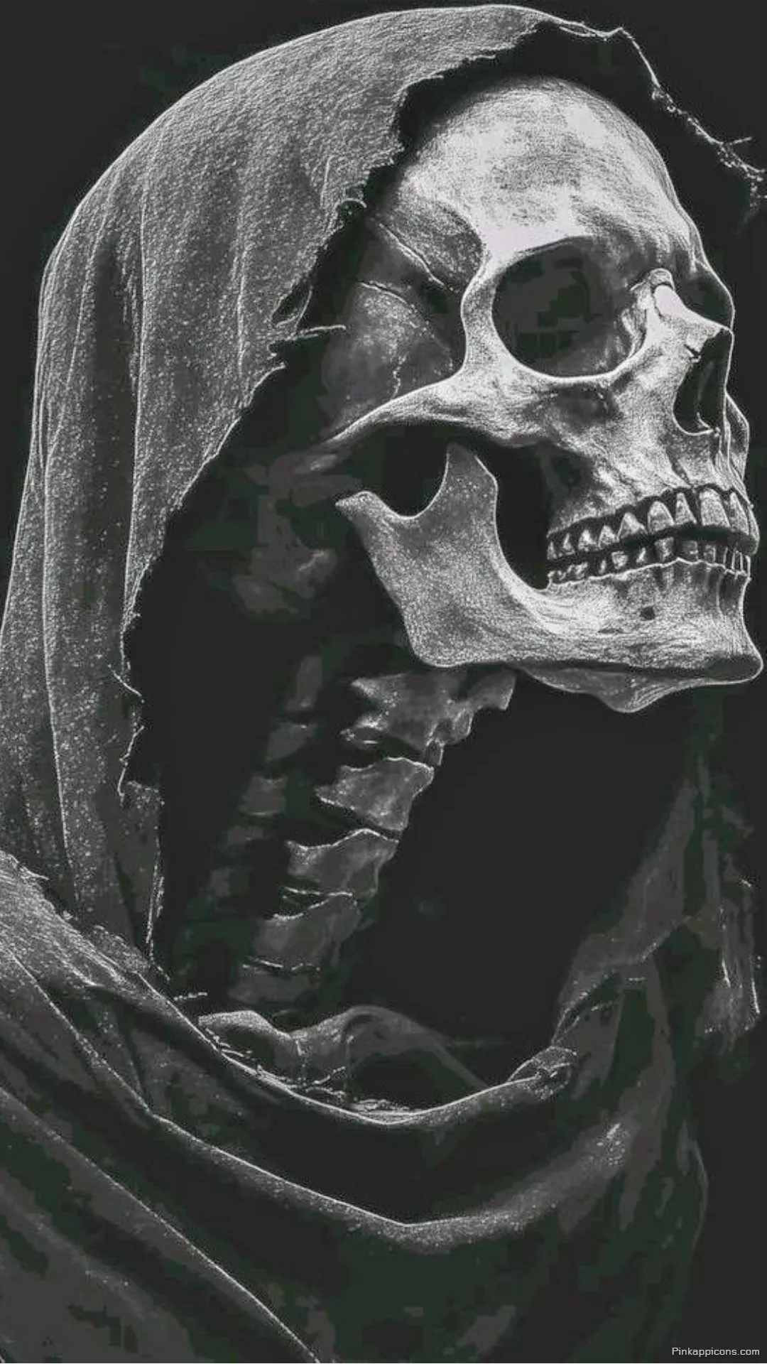 The Grim Reapers Embrace A Skull Wallpaper of a Hooded Figure in the Dark The Grim Reaper’s Embrace A Skull Wallpaper of a Hooded Figure in the Dark