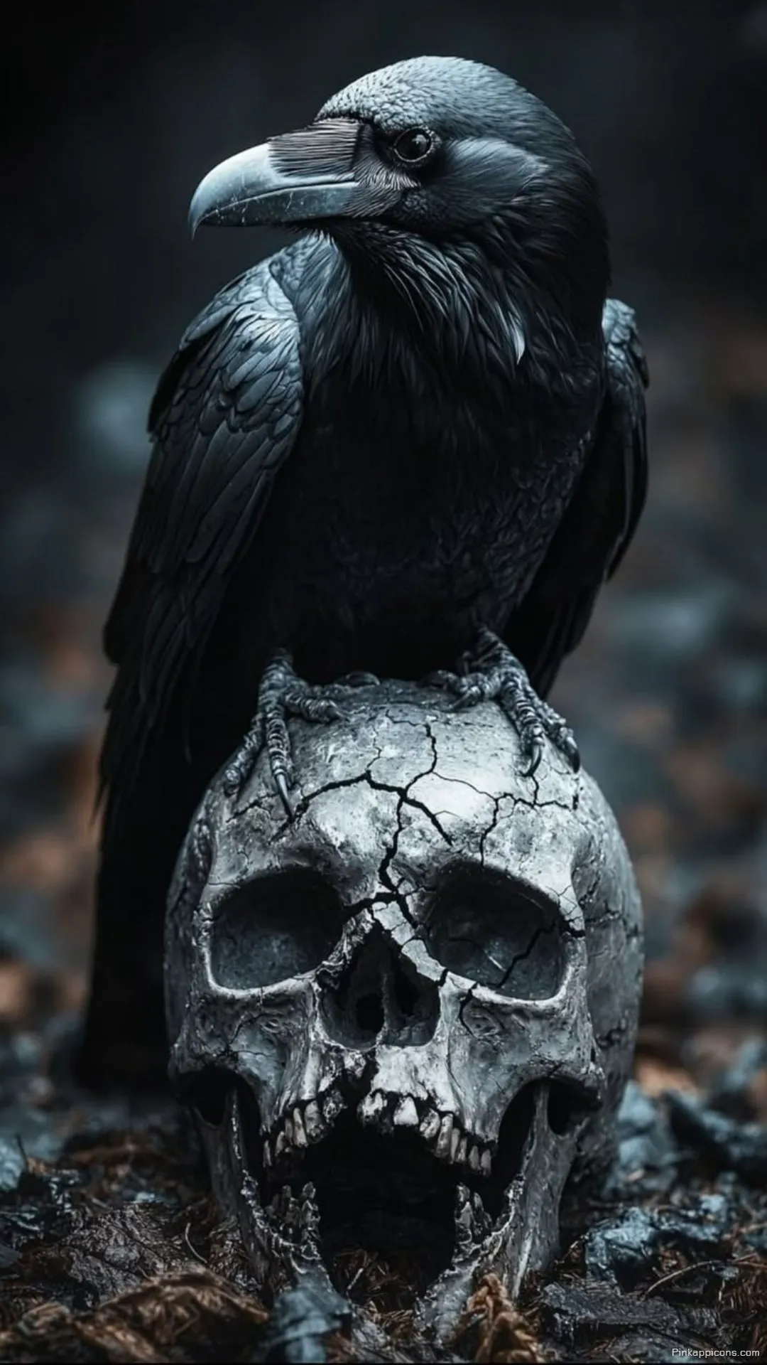 The Ravens Perch A Skull Wallpaper of a Crow Standing on a Cracked Skull The Raven’s Perch A Skull Wallpaper of a Crow Standing on a Cracked Skull