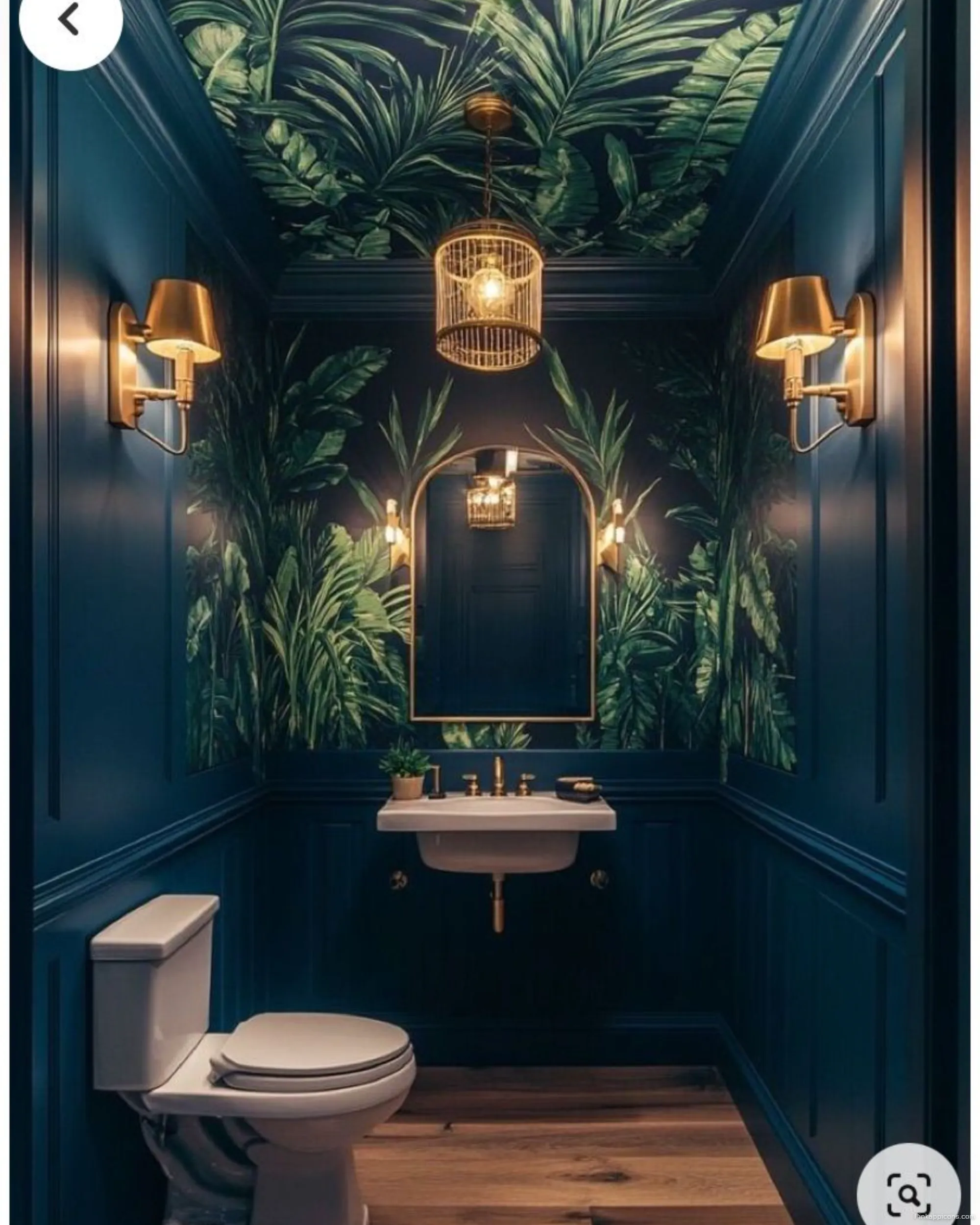Tropical Bathroom Wallpaper Ideas with Dark Blue Walls and Wood Floor Tropical Bathroom Wallpaper Ideas with Dark Blue Walls and Wood Floor