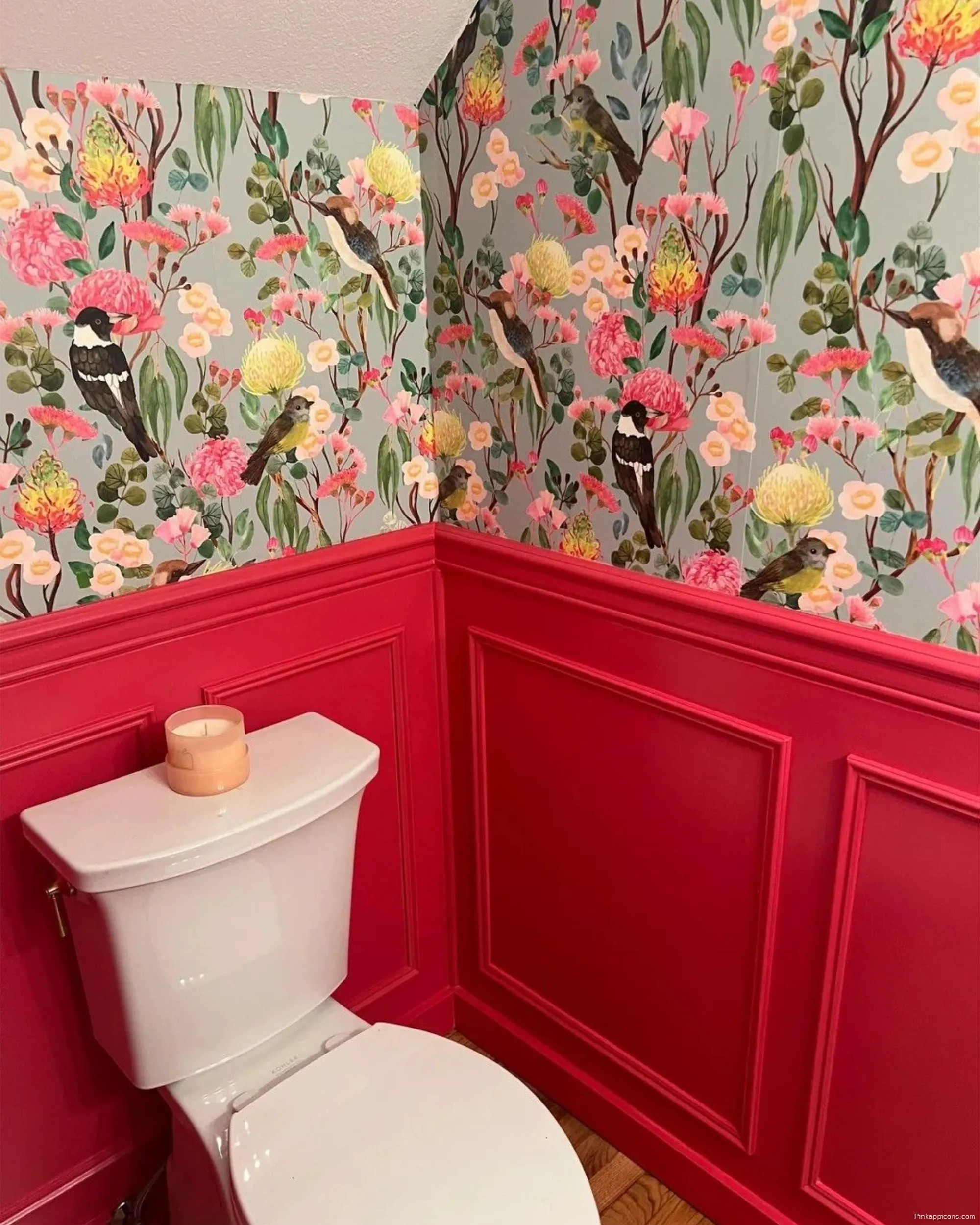 Unique Bathroom Wallpaper Ideas Bird and Flower Print with Red Walls Unique Bathroom Wallpaper Ideas Bird and Flower Print with Red Walls