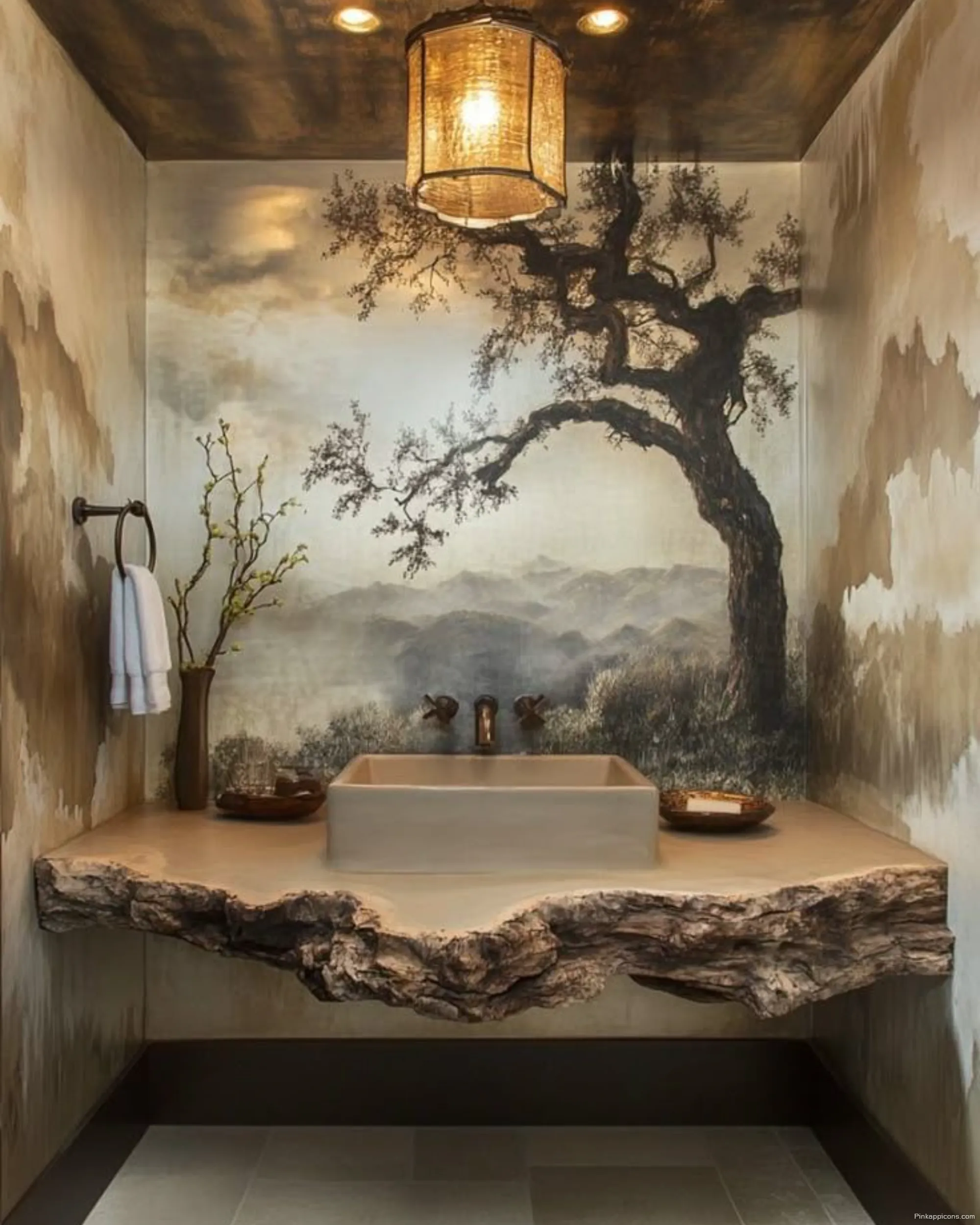 Unique Bathroom Wallpaper Ideas Earthy Tones and Live Edge Counter Unique Bathroom Wallpaper Ideas Earthy Tones and Live Edge Counter