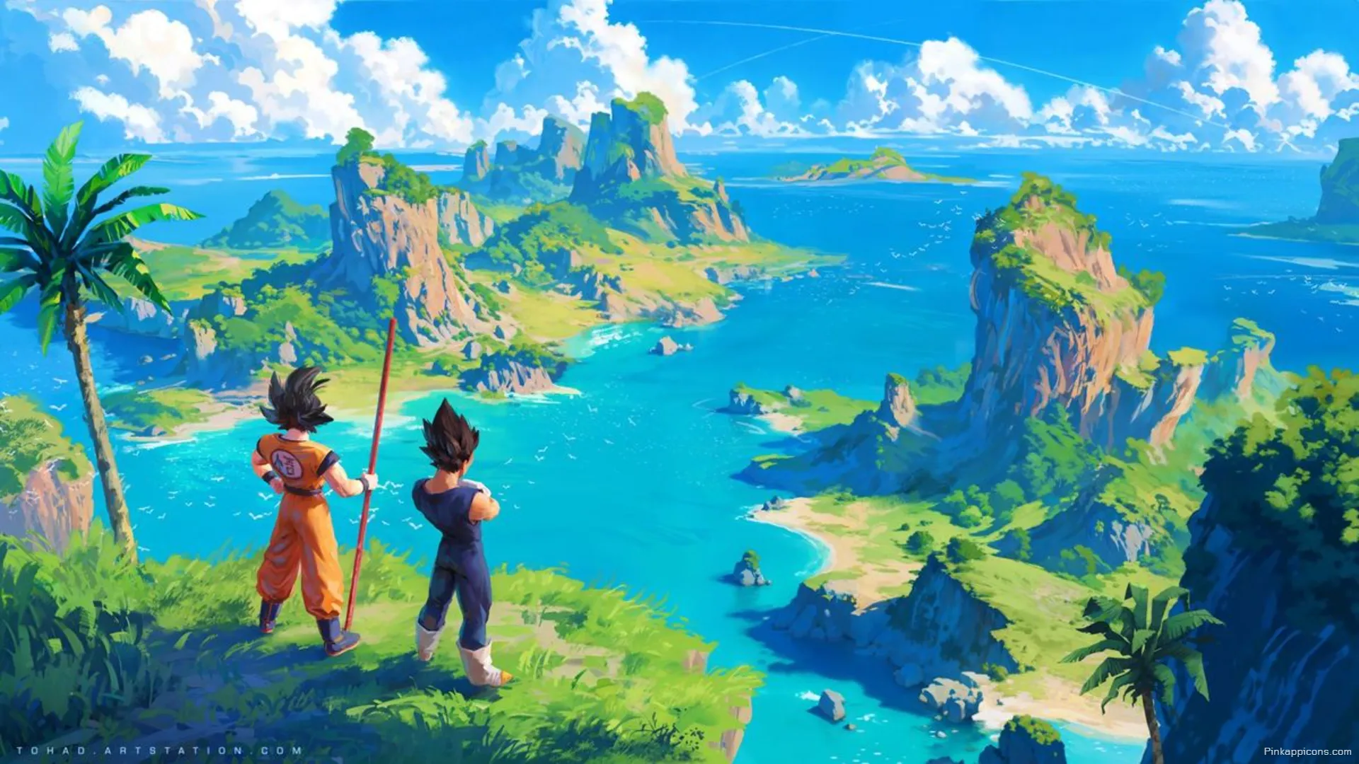 Vibrant Anime Wallpaper for Laptop with Goku and Vegeta Overlooking Paradise Scenic Mobile Display Vibrant Anime Wallpaper for Laptop with Goku and Vegeta Overlooking Paradise – Scenic Mobile Display