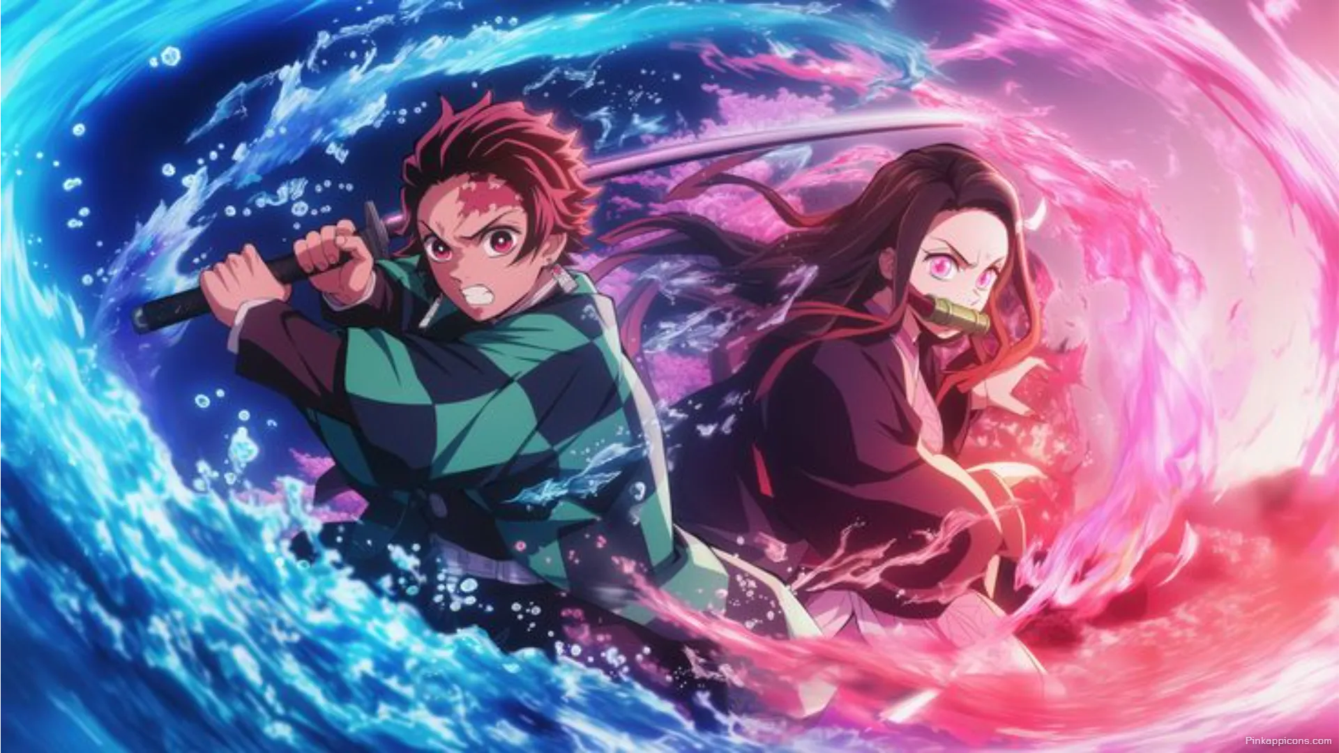 Vibrant Demon Slayer Anime Wallpaper for Laptop featuring Tanjiro and Nezukos Combined Strength Vibrant Demon Slayer Anime Wallpaper for Laptop featuring Tanjiro and Nezuko’s Combined Strength
