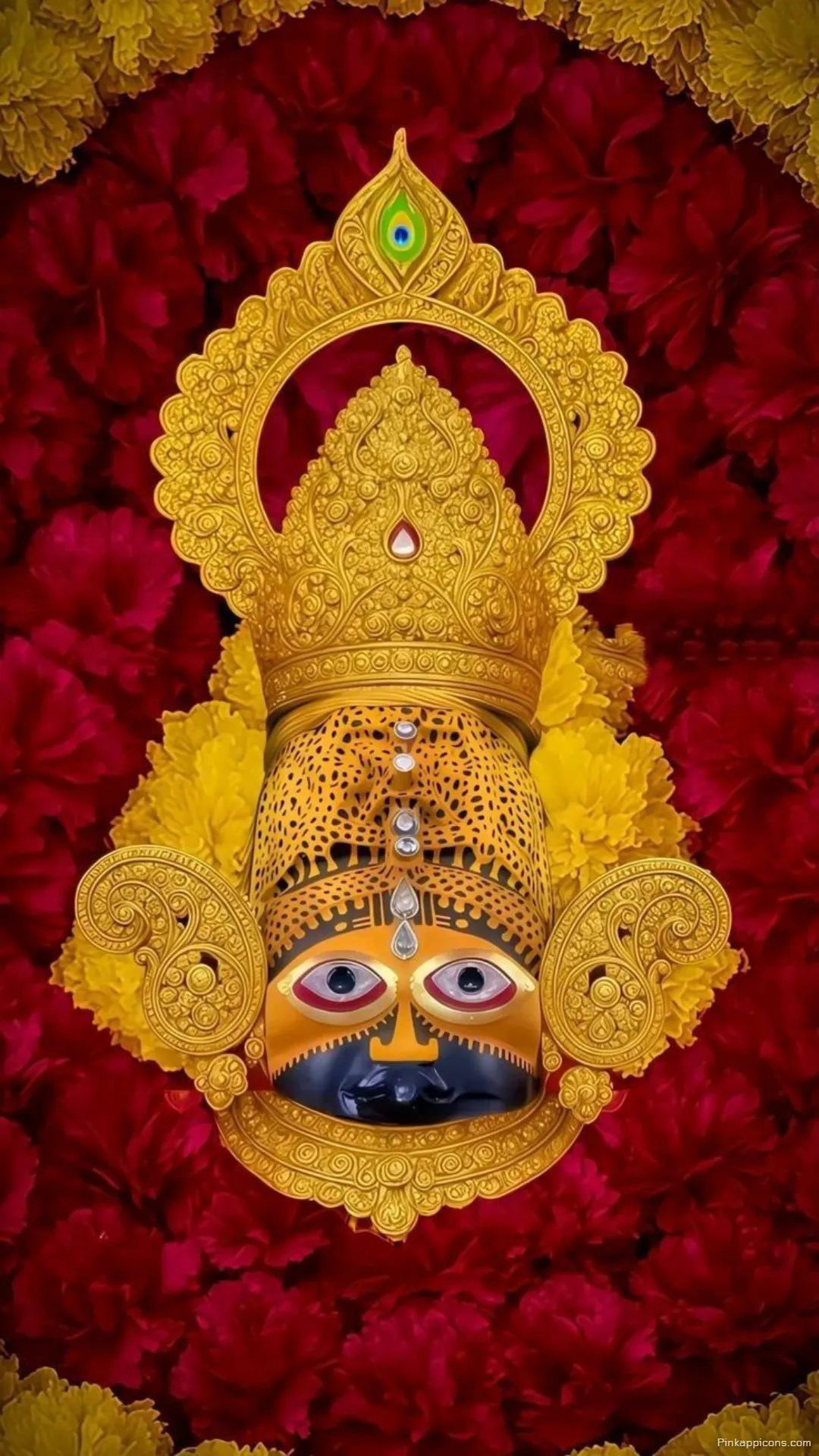 Vibrant Devotion Close up of Majestic Khatushyam Ji Wallpaper with Rich Floral Background for Phones Vibrant Devotion Close-up of Majestic Khatushyam Ji Wallpaper with Rich Floral Background for Phones