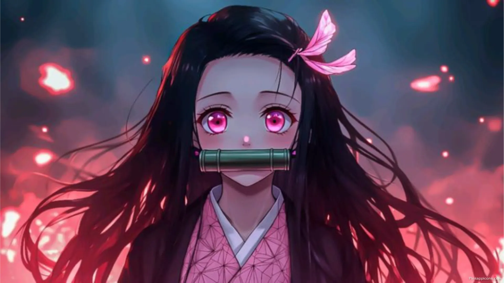 Vibrant Nezuko Kamado Anime Wallpaper for Laptop Glowing Pink Eyes Fiery Aura for Phone Background Vibrant Nezuko Kamado Anime Wallpaper for Laptop – Glowing Pink Eyes & Fiery Aura for Phone Background