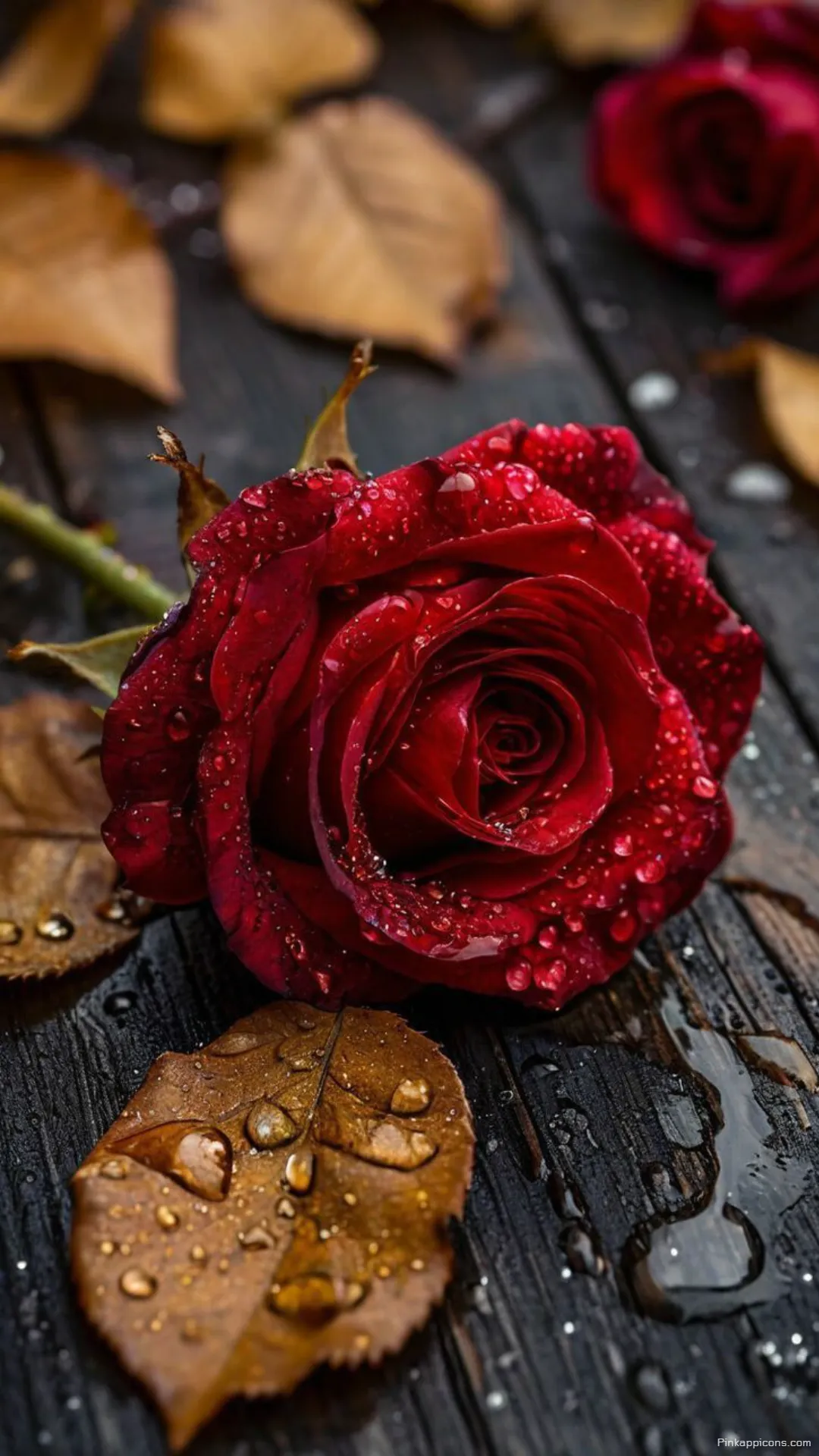 Vibrant Red Rose Wallpaper with Raindrops and Autumn Leaves Rustic Floral Phone Background Vibrant Red Rose Wallpaper with Raindrops and Autumn Leaves – Rustic Floral Phone Background