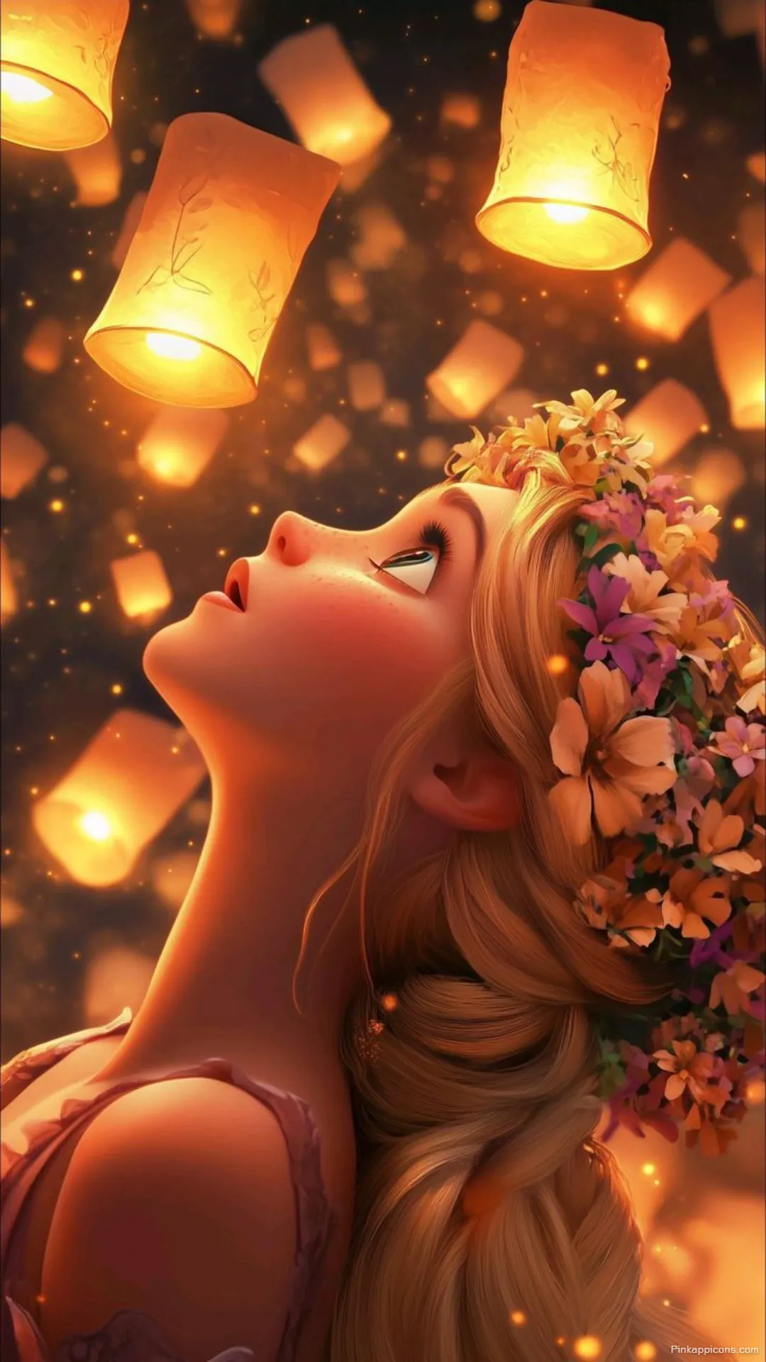 Whimsical Princess Wallpaper of a Blonde Maiden Looking Up at Magical Floating Lights Whimsical Princess Wallpaper of a Blonde Maiden Looking Up at Magical Floating Lights